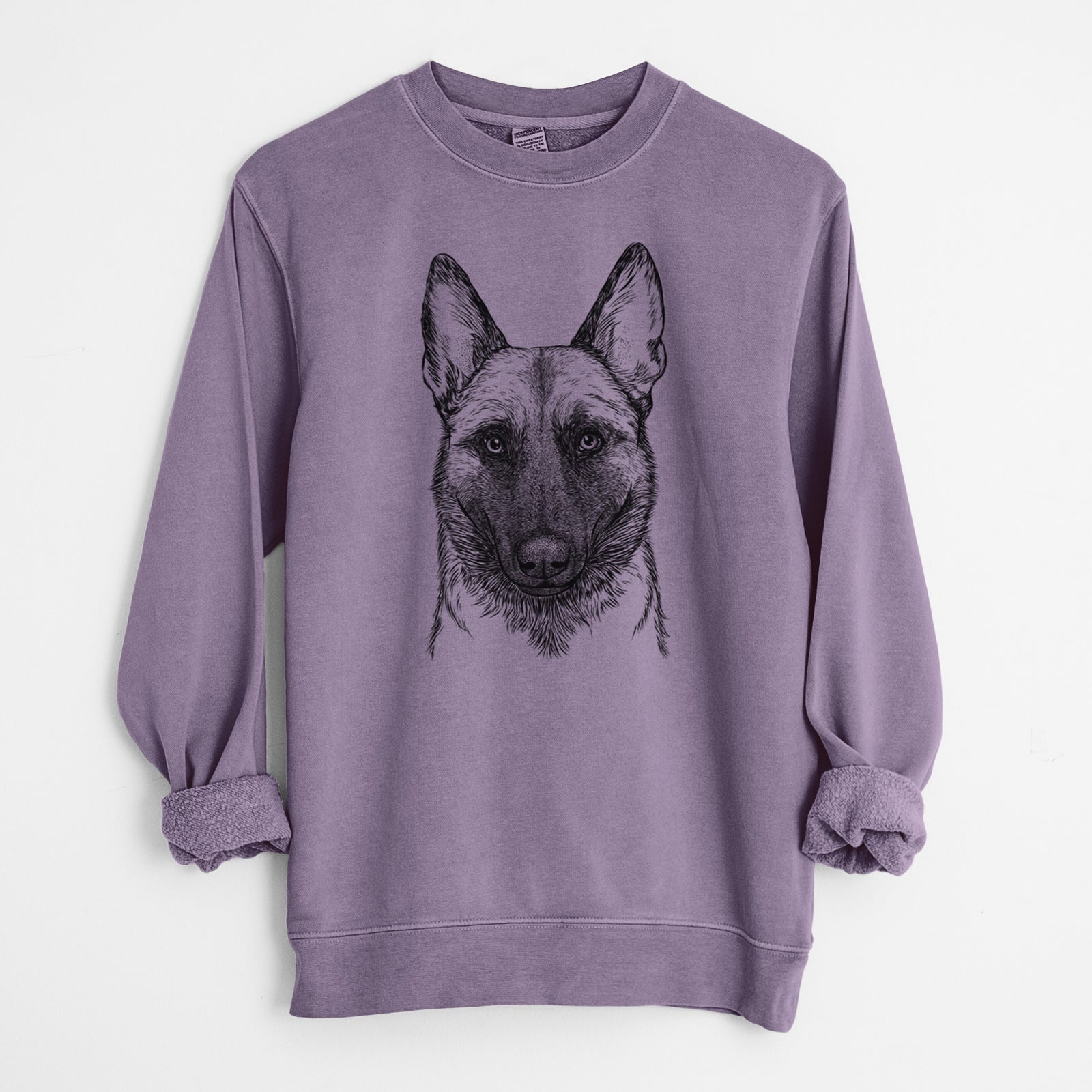 Hand-drawn sketch of Gunther the Belgian Malinois on a Plum Unisex pigment dyed crew sweatshirt