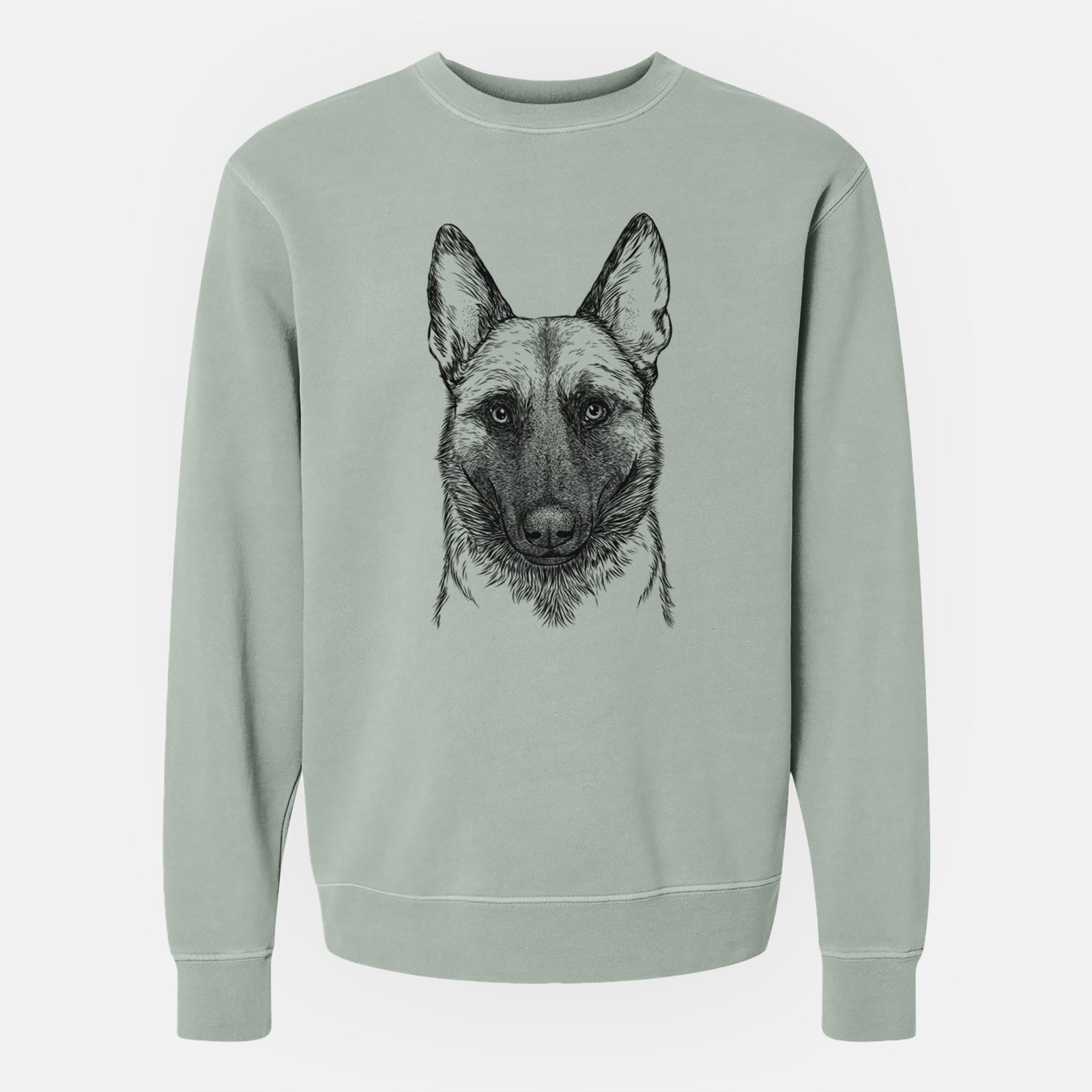 Hand-drawn sketch of Gunther the Belgian Malinois on a Sage Unisex pigment dyed crew sweatshirt