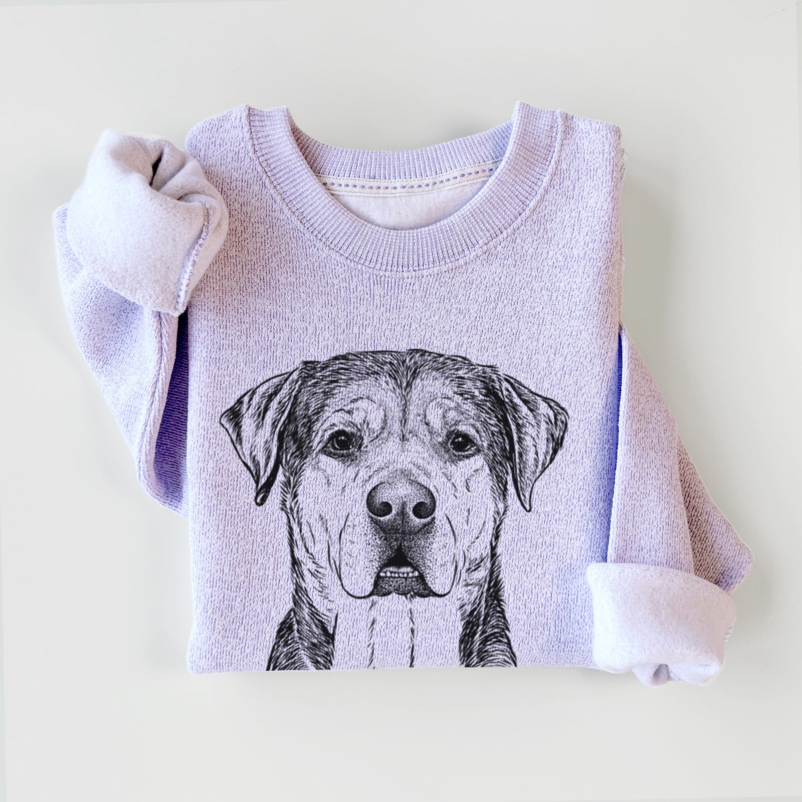 Hand-drawn sketch of Gus the Rottweiler Mix on an Ice Purple knit sweatshirt
