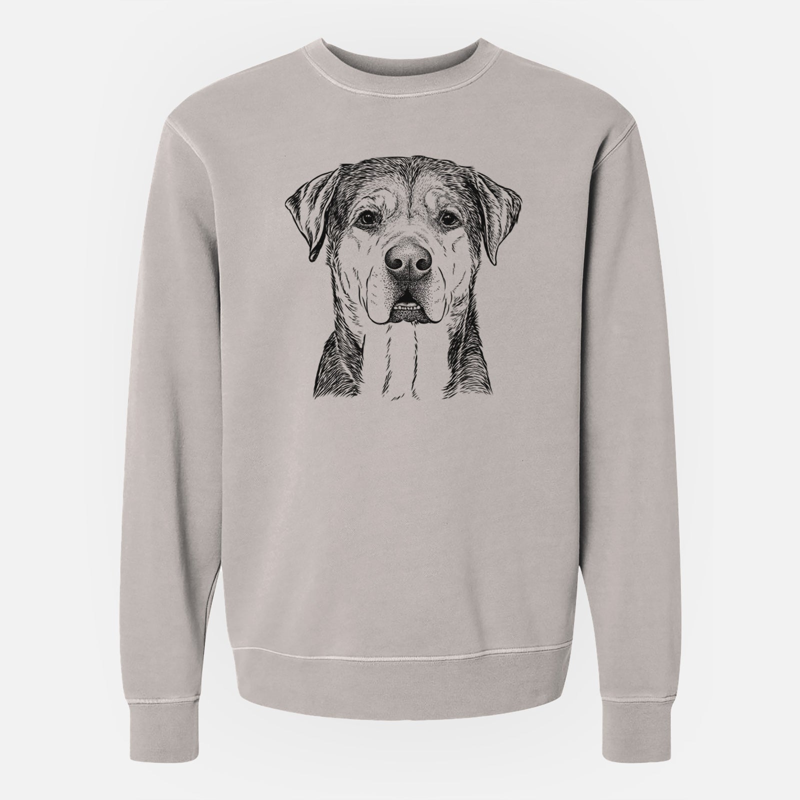 Hand-drawn sketch of Gus the Rottweiler Mix on a Cement Unisex pigment dyed crew sweatshirt