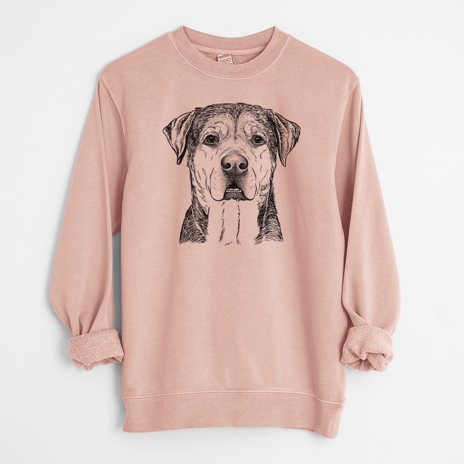 Hand-drawn sketch of Gus the Rottweiler Mix on a Dusty Pink Unisex pigment dyed crew sweatshirt