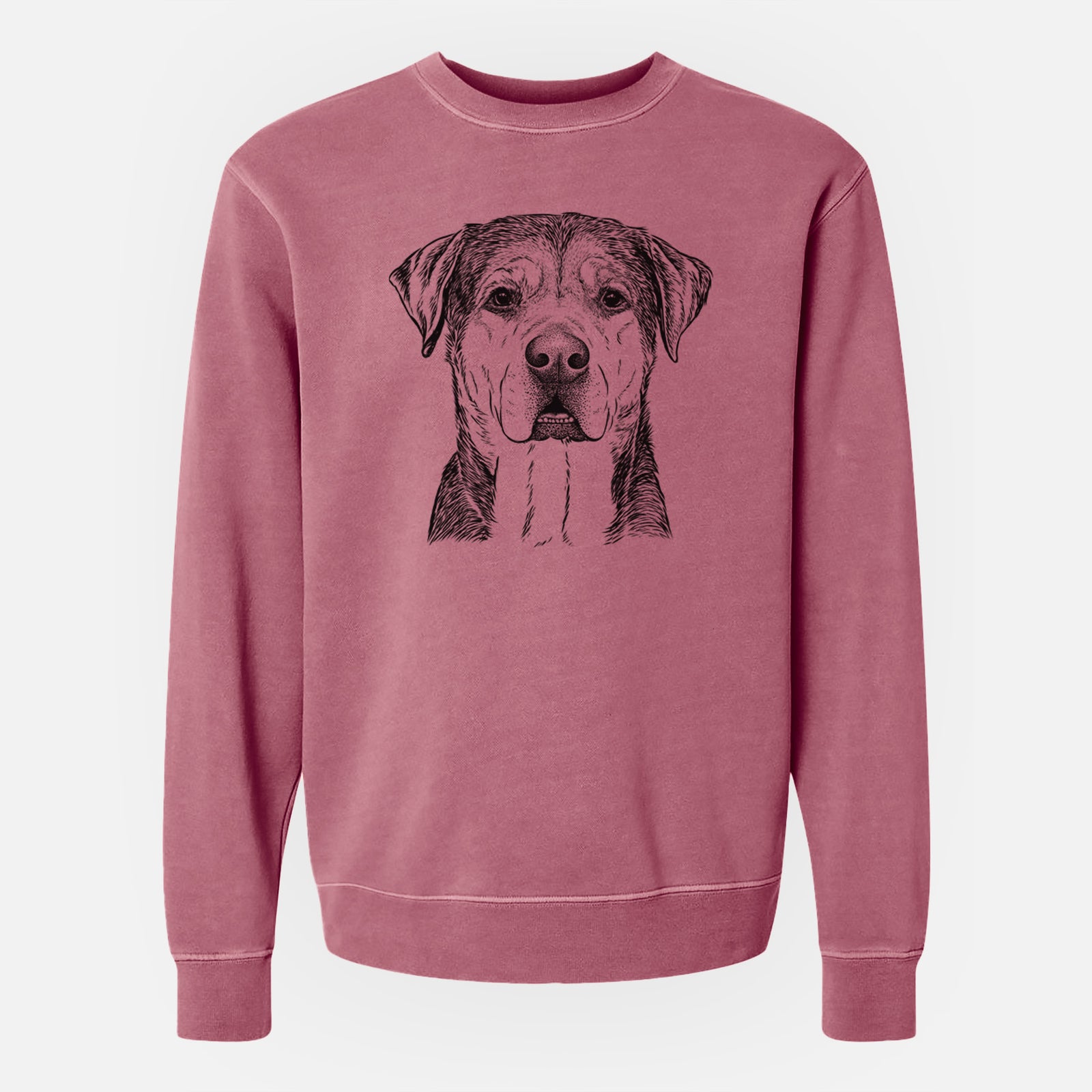Hand-drawn sketch of Gus the Rottweiler Mix on a Maroon Unisex pigment dyed crew sweatshirt