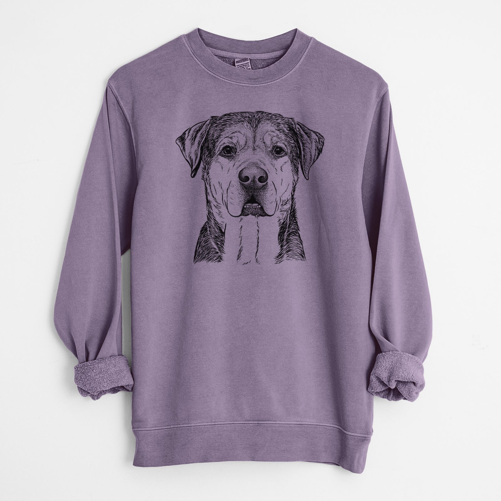 Hand-drawn sketch of Gus the Rottweiler Mix on a Plum Unisex pigment dyed crew sweatshirt