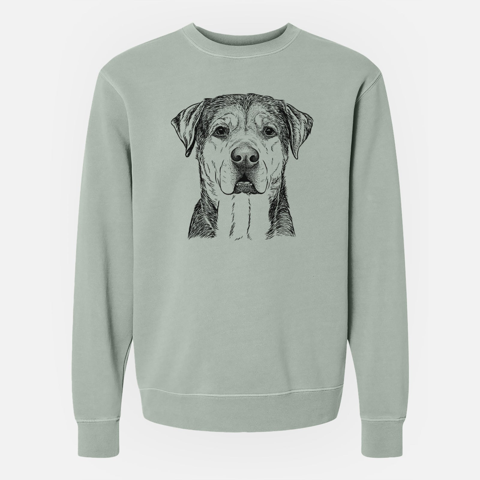 Hand-drawn sketch of Gus the Rottweiler Mix on a Sage Unisex pigment dyed crew sweatshirt