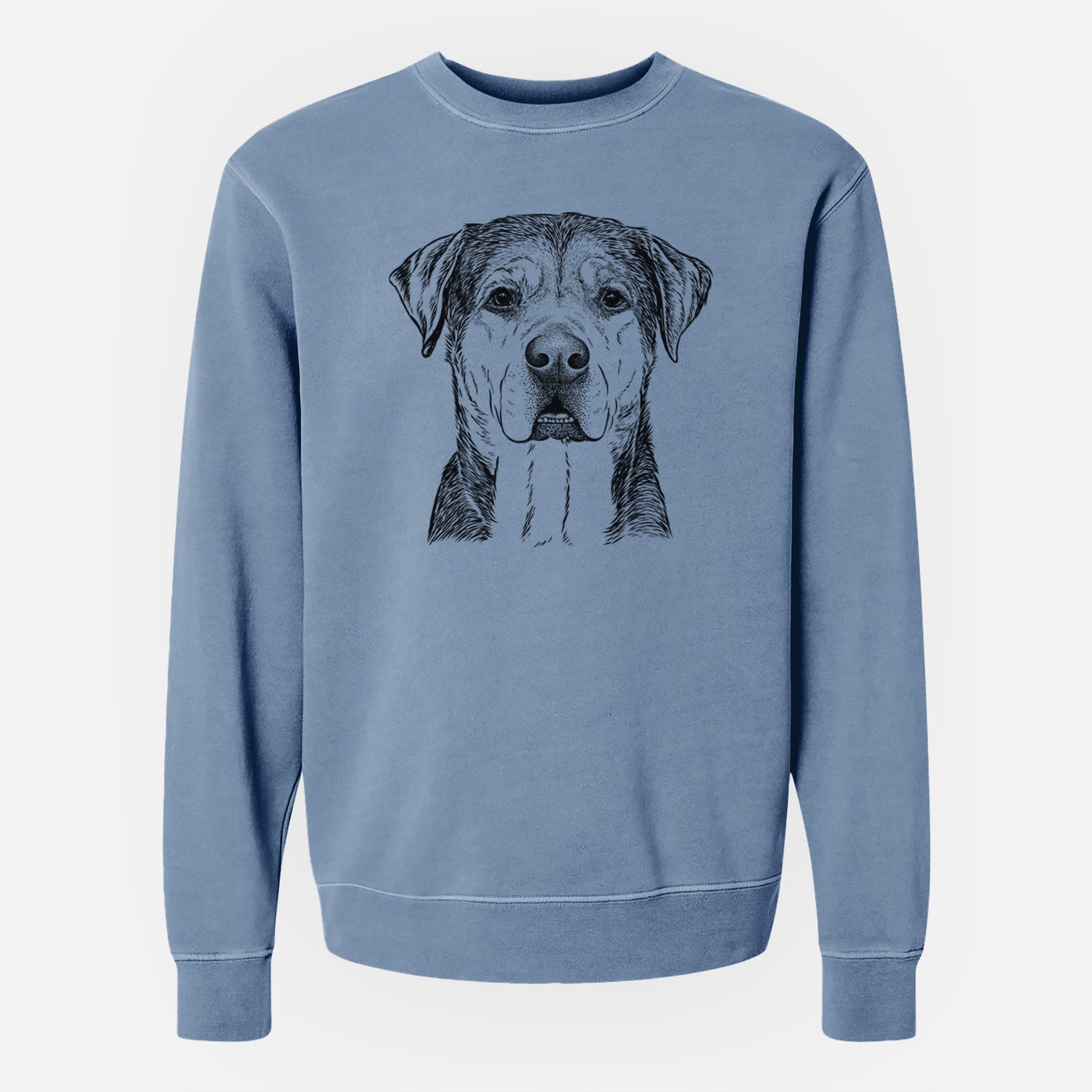 Hand-drawn sketch of Gus the Rottweiler Mix on a Slate Blue Unisex pigment dyed crew sweatshirt