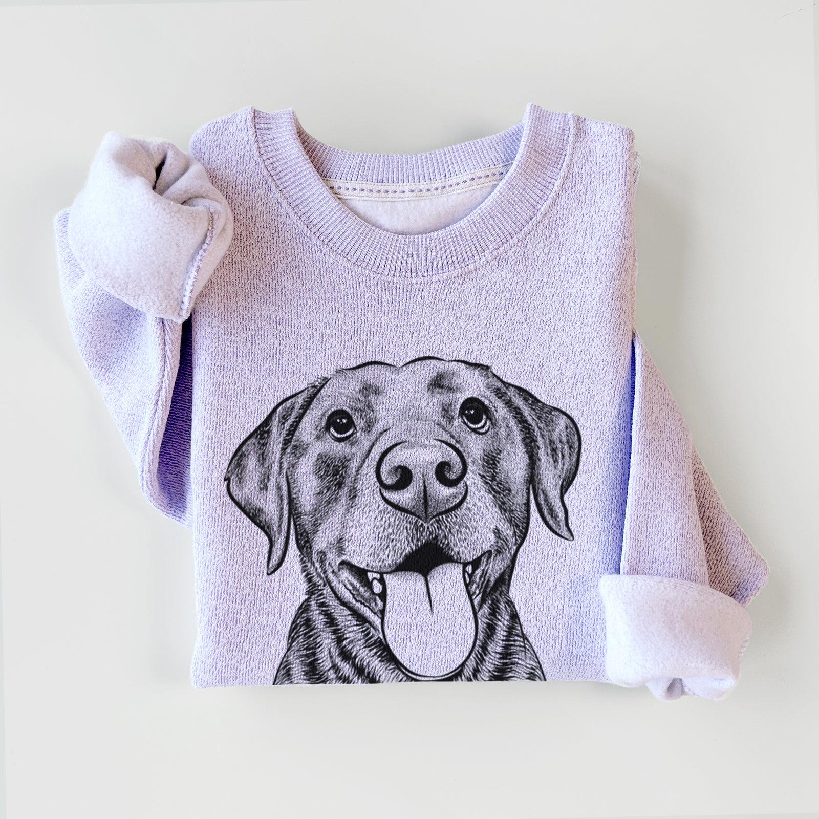 Hand-drawn sketch of Gwen the Labrador Retriever on an Ice Purple knit sweatshirt