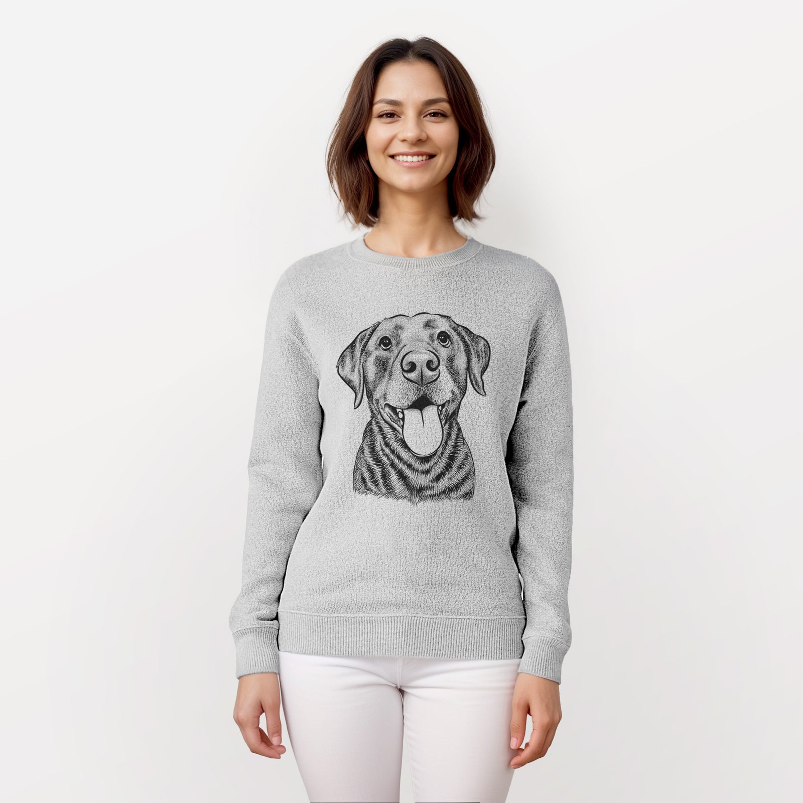 Hand-drawn sketch of Gwen the Labrador Retriever on a knit sweatshirt, worn by a woman