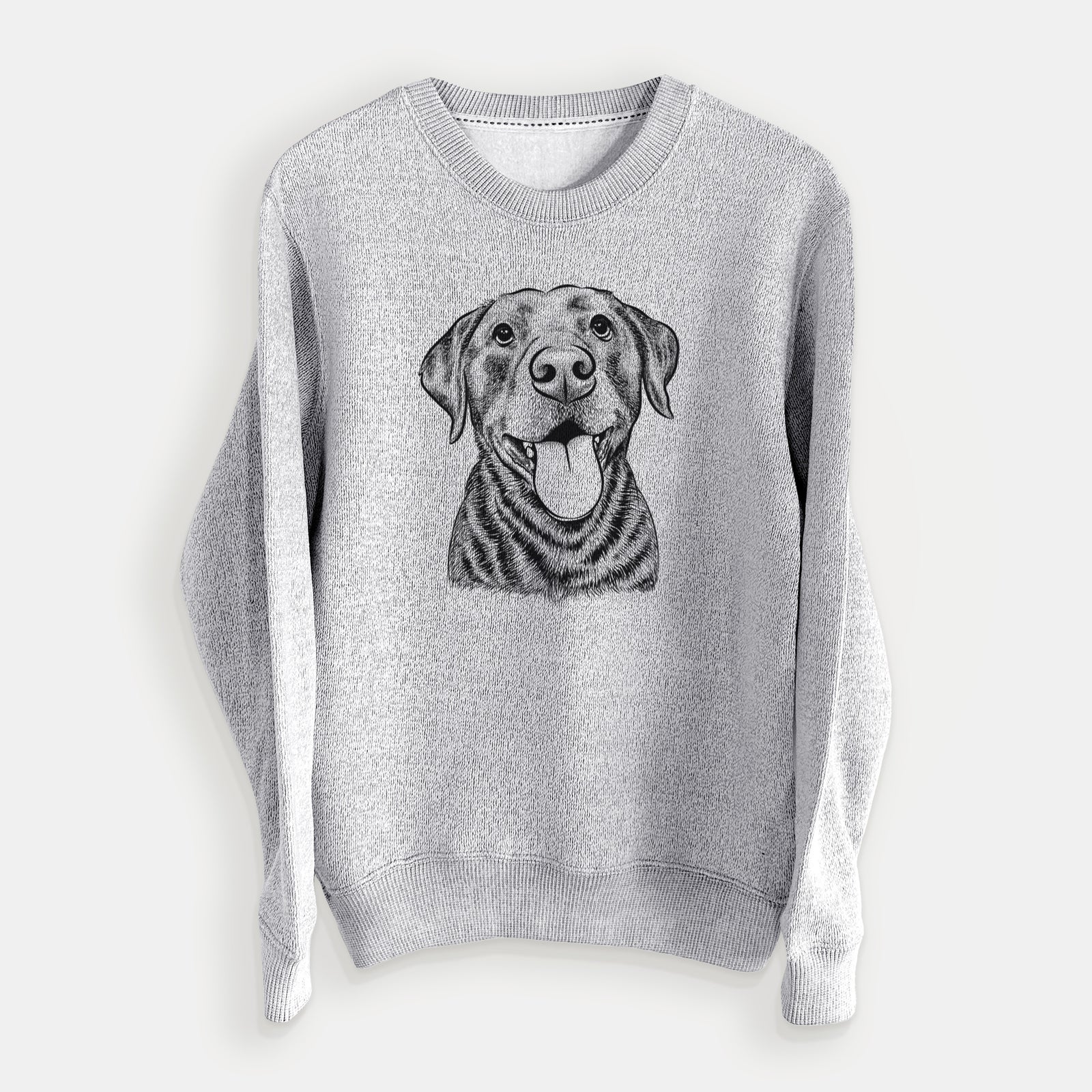 Hand-drawn sketch of Gwen the Labrador Retriever on a Salt Pepper knit sweatshirt