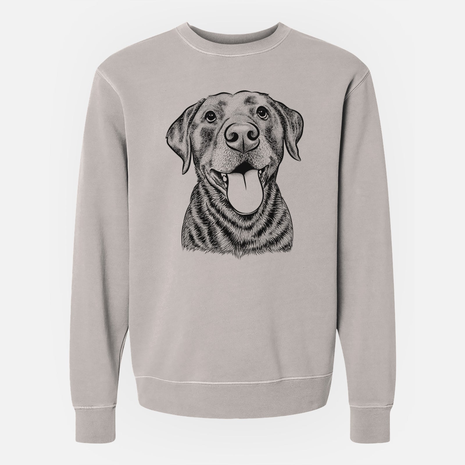 Hand-drawn sketch of Gwen the Labrador Retriever on a Cement Unisex pigment dyed crew sweatshirt