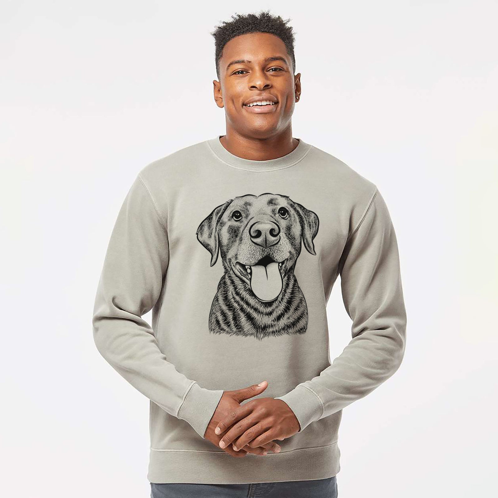 Hand-drawn sketch of Gwen the Labrador Retriever on a Cement Unisex pigment dyed crew sweatshirt