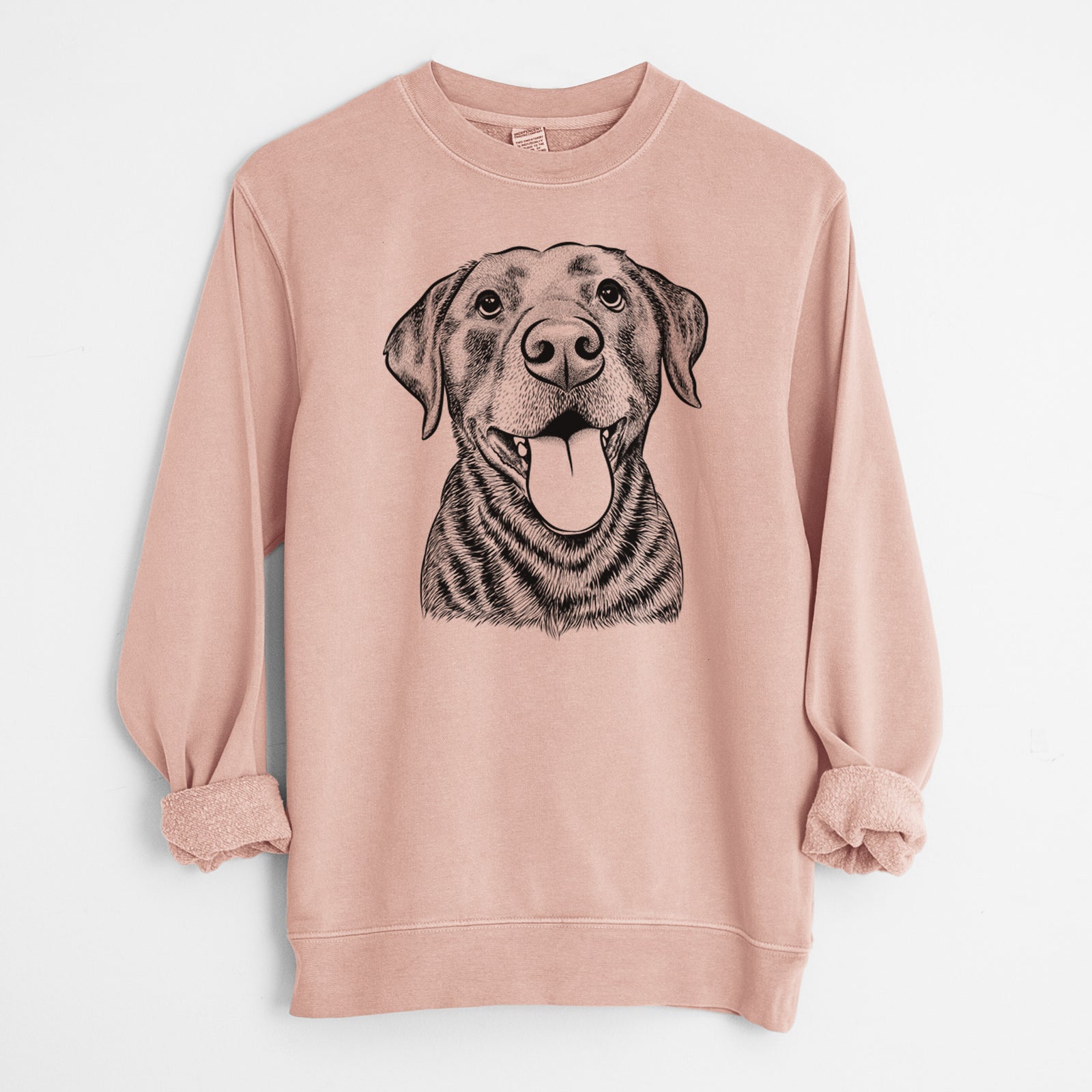 Hand-drawn sketch of Gwen the Labrador Retriever on a Dusty Pink Unisex pigment dyed crew sweatshirt