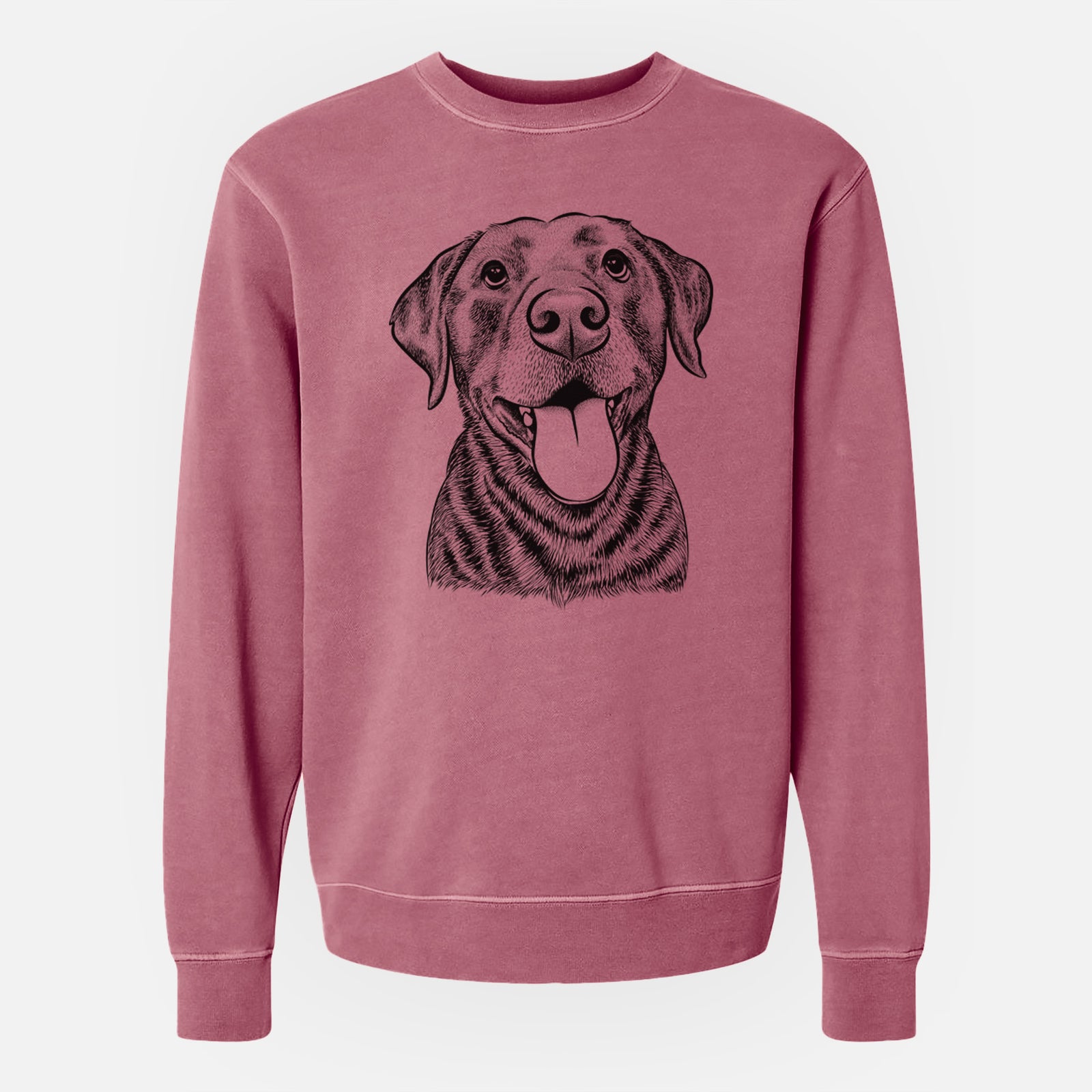 Hand-drawn sketch of Gwen the Labrador Retriever on a Maroon Unisex pigment dyed crew sweatshirt