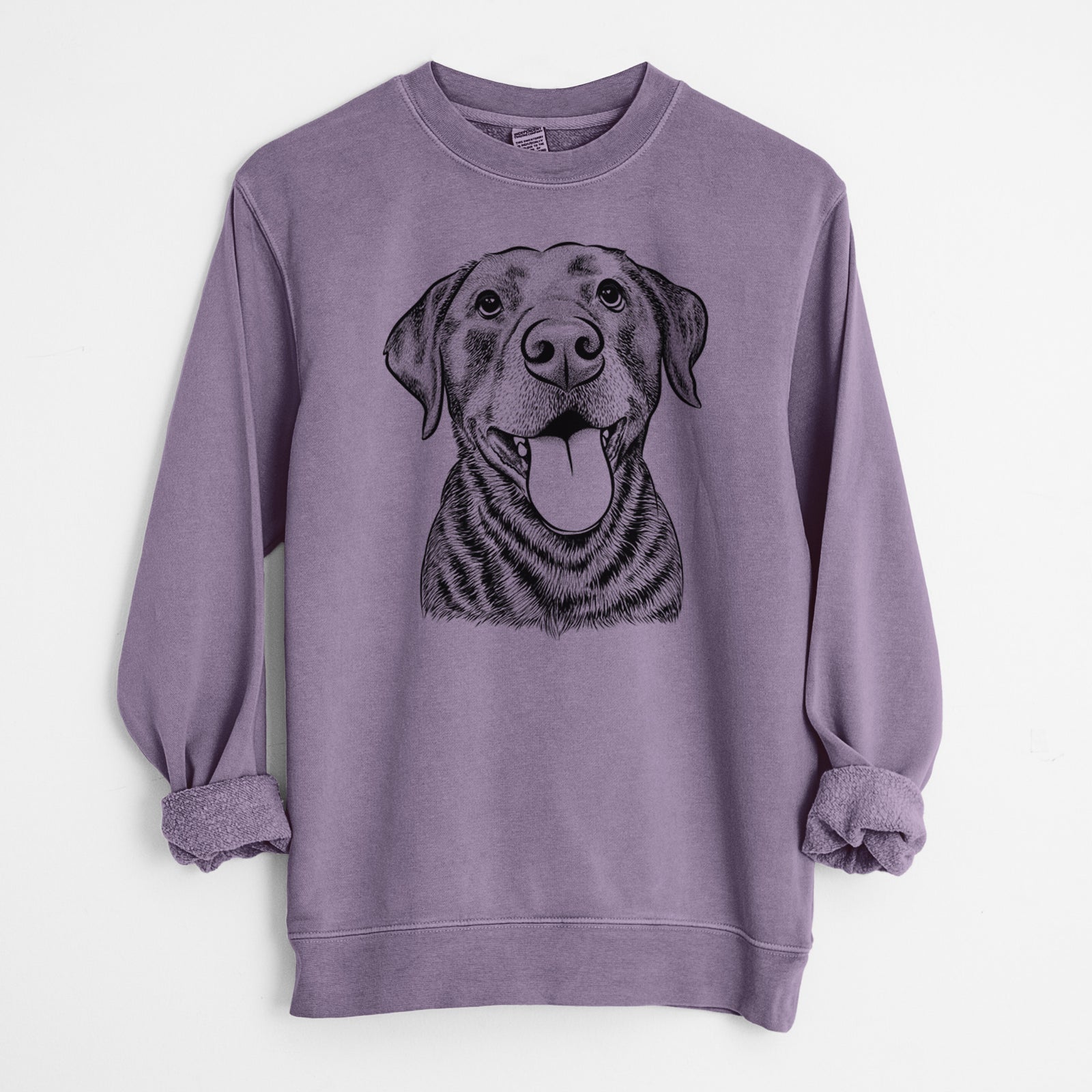Hand-drawn sketch of Gwen the Labrador Retriever on a Plum Unisex pigment dyed crew sweatshirt