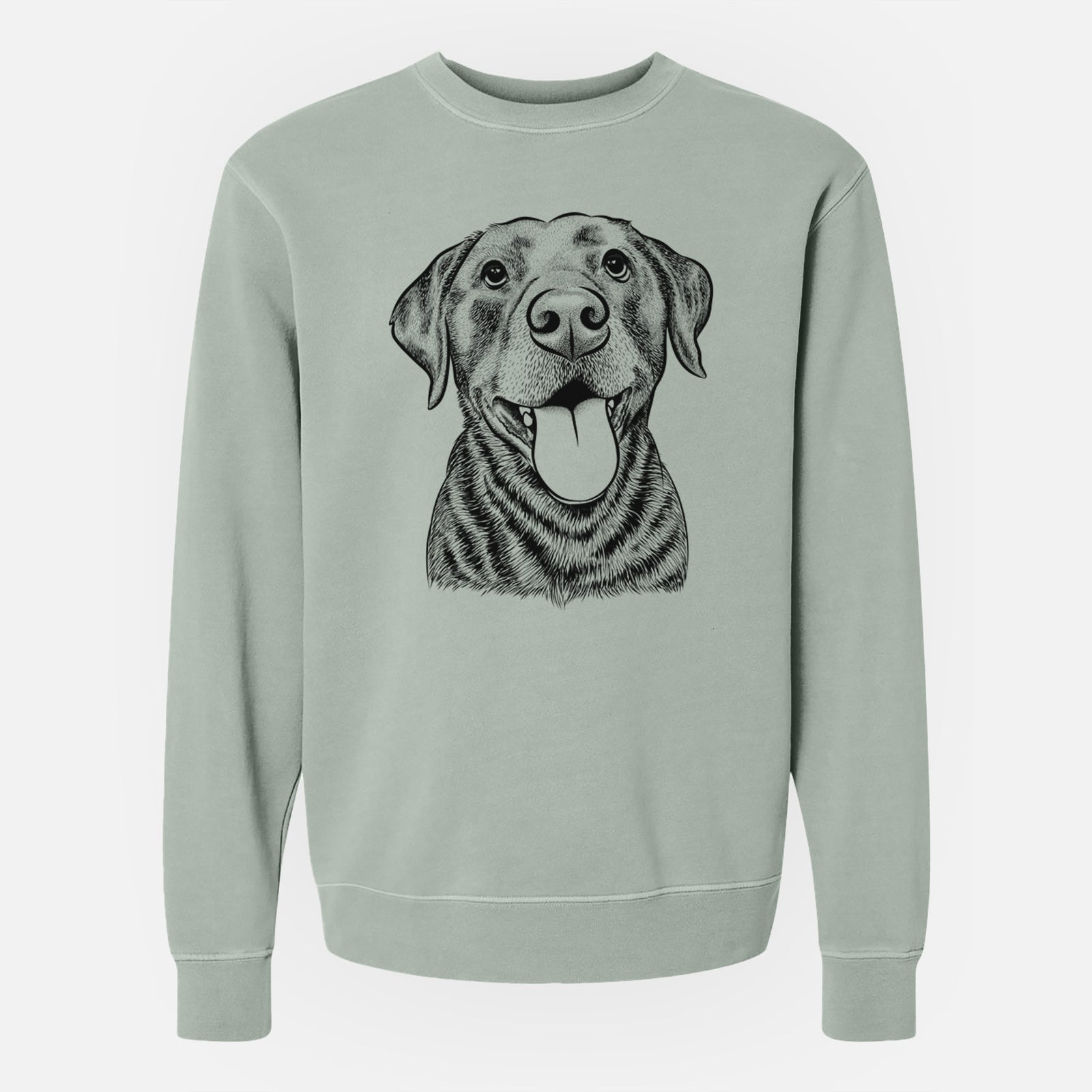 Hand-drawn sketch of Gwen the Labrador Retriever on a Sage Unisex pigment dyed crew sweatshirt