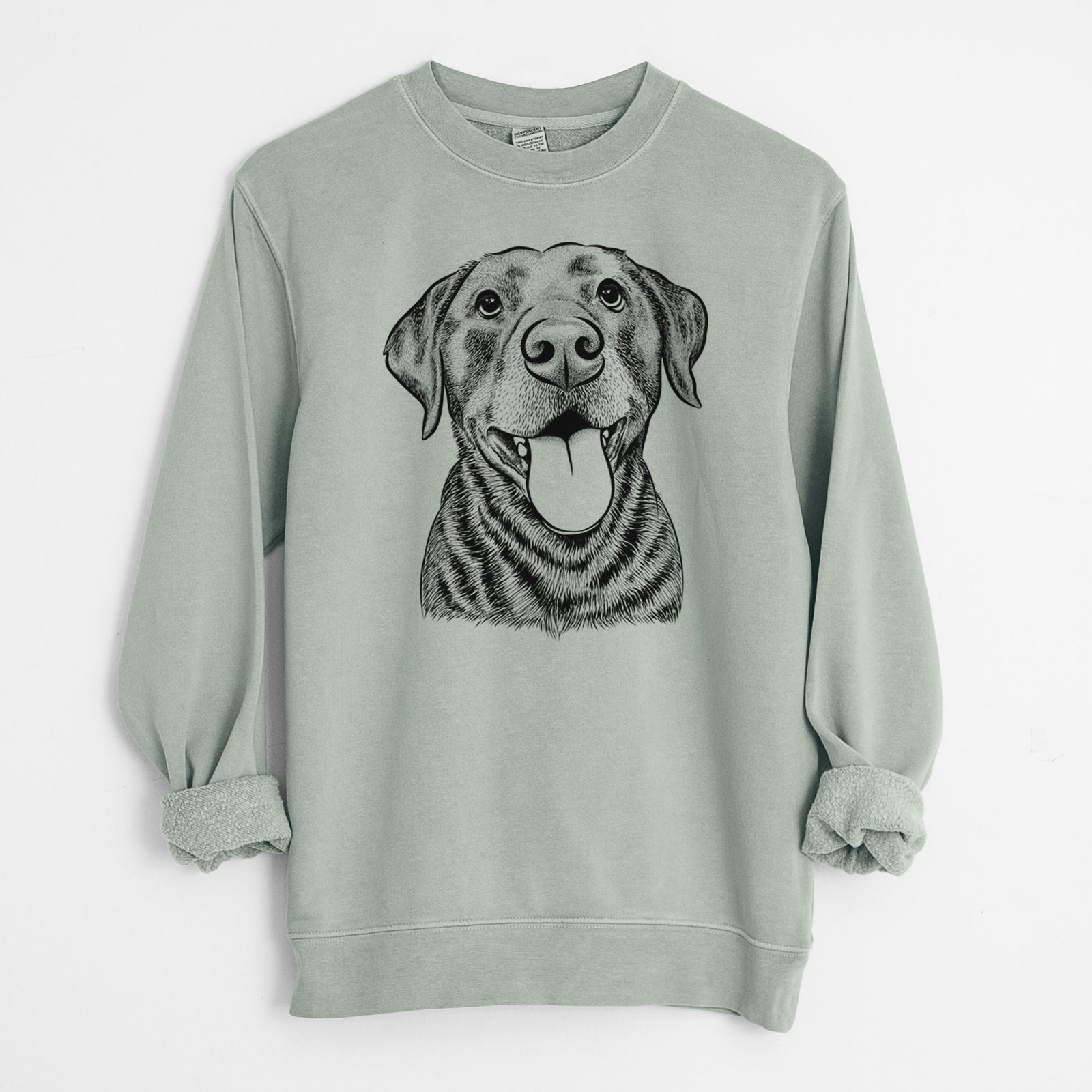Hand-drawn sketch of Gwen the Labrador Retriever on a Sage Unisex pigment dyed crew sweatshirt