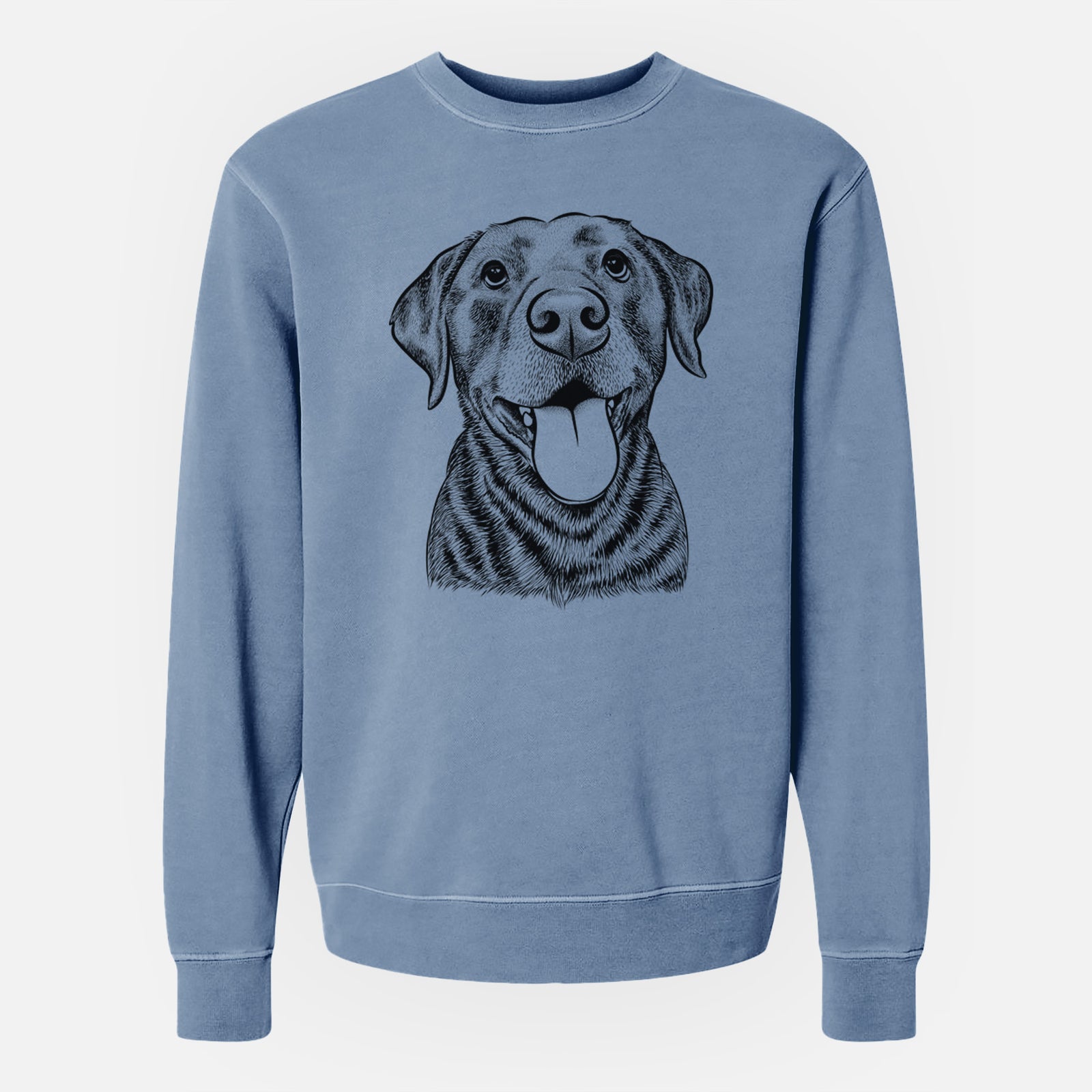 Hand-drawn sketch of Gwen the Labrador Retriever on a Slate Blue Unisex pigment dyed crew sweatshirt