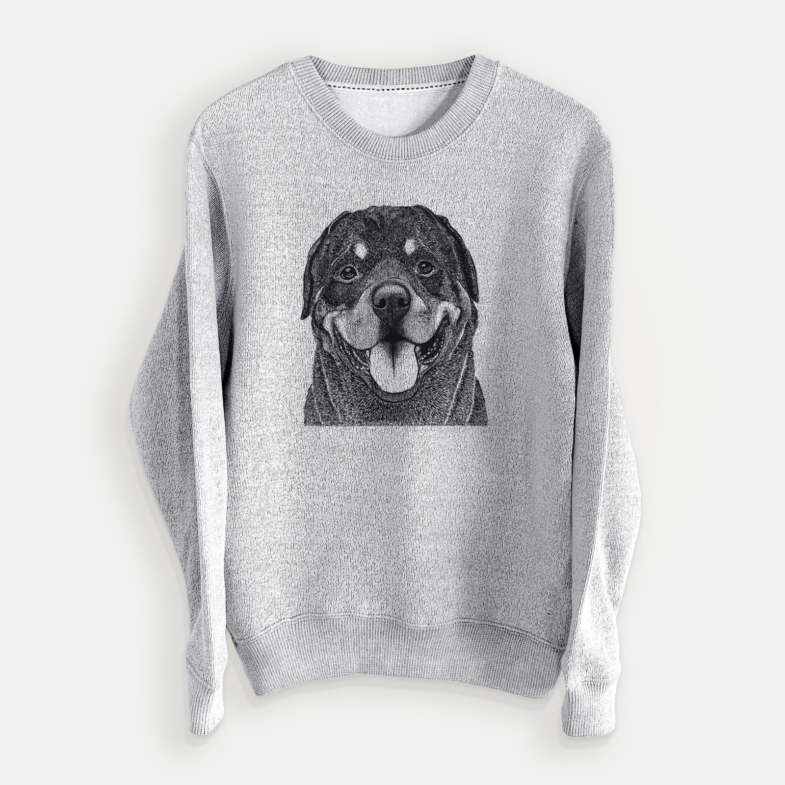 Hand-drawn sketch of Hagan the Rottweiler on a Salt Pepper knit sweatshirt