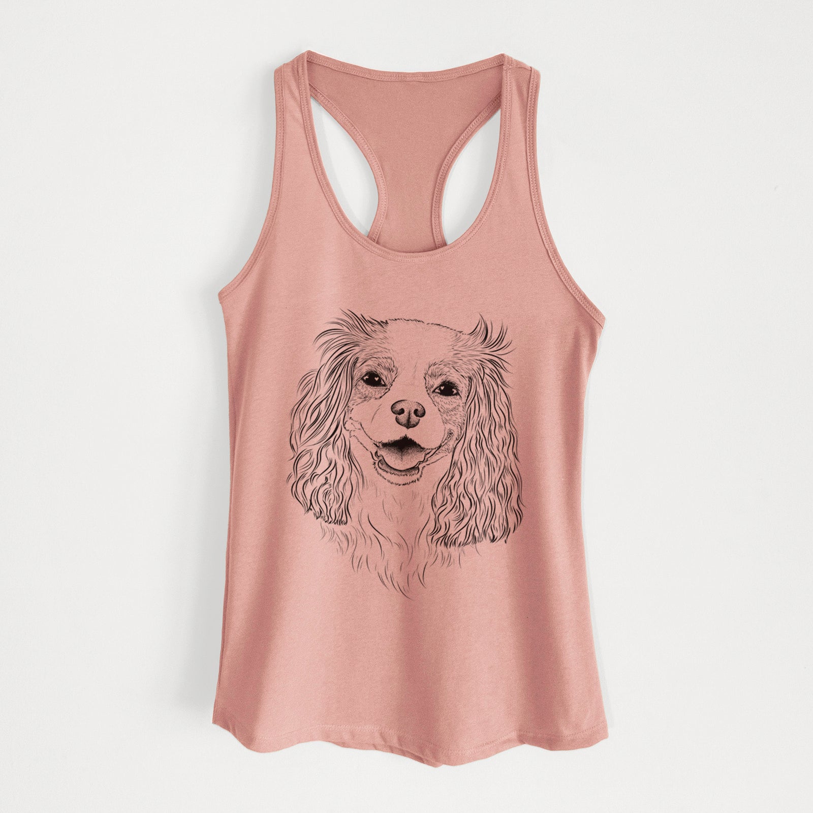 Hand-drawn sketch of Halley Comet the Cavalier King Charles Spaniel on a Desert Pink Women's racerback tanktop
