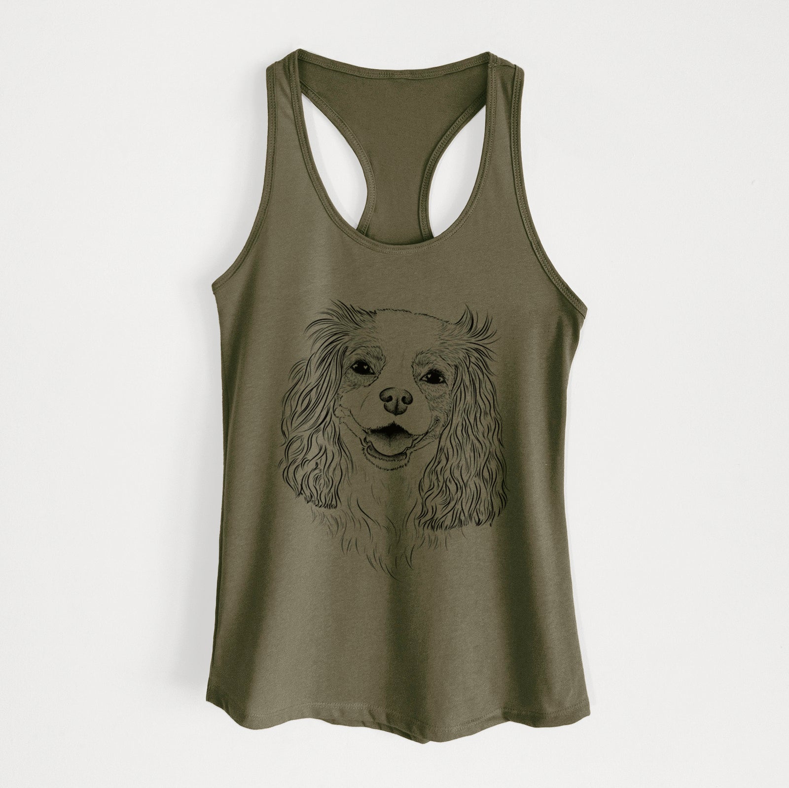 Hand-drawn sketch of Halley Comet the Cavalier King Charles Spaniel on a Military Green Women's racerback tanktop