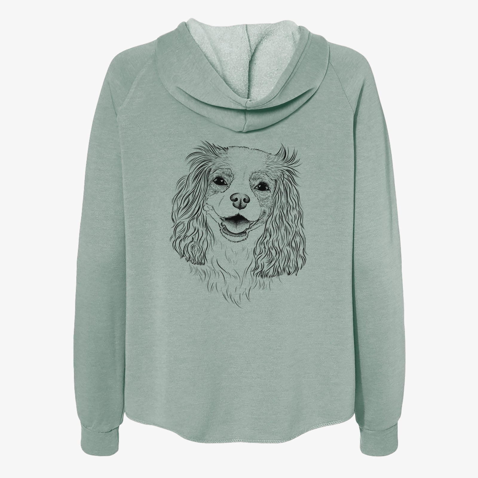Hand-drawn sketch of Halley Comet the Cavalier King Charles Spaniel on a Sage Women's cali wave zip-up sweatshirt
