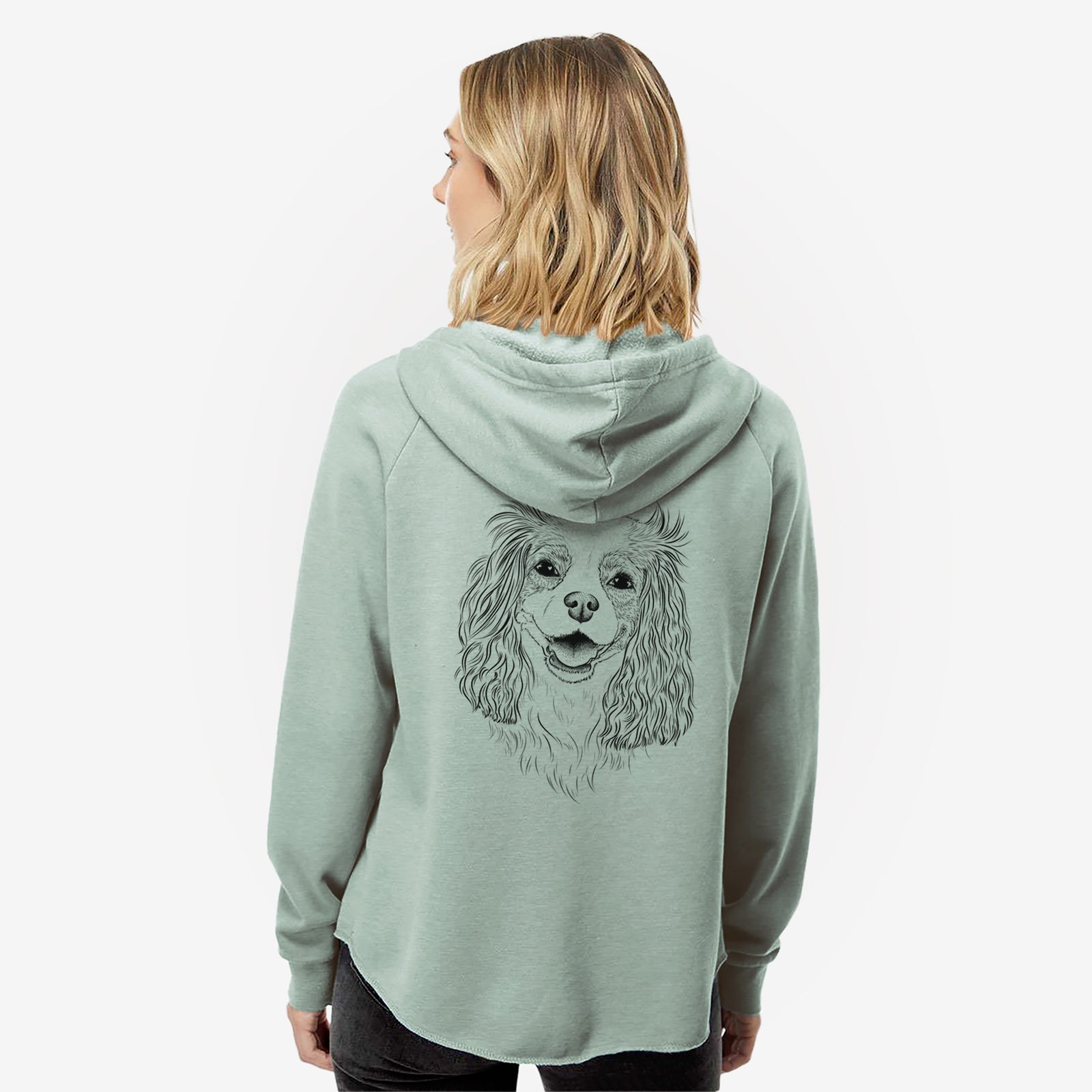 Hand-drawn sketch of Halley Comet the Cavalier King Charles Spaniel on a Sage Women's cali wave zip-up sweatshirt