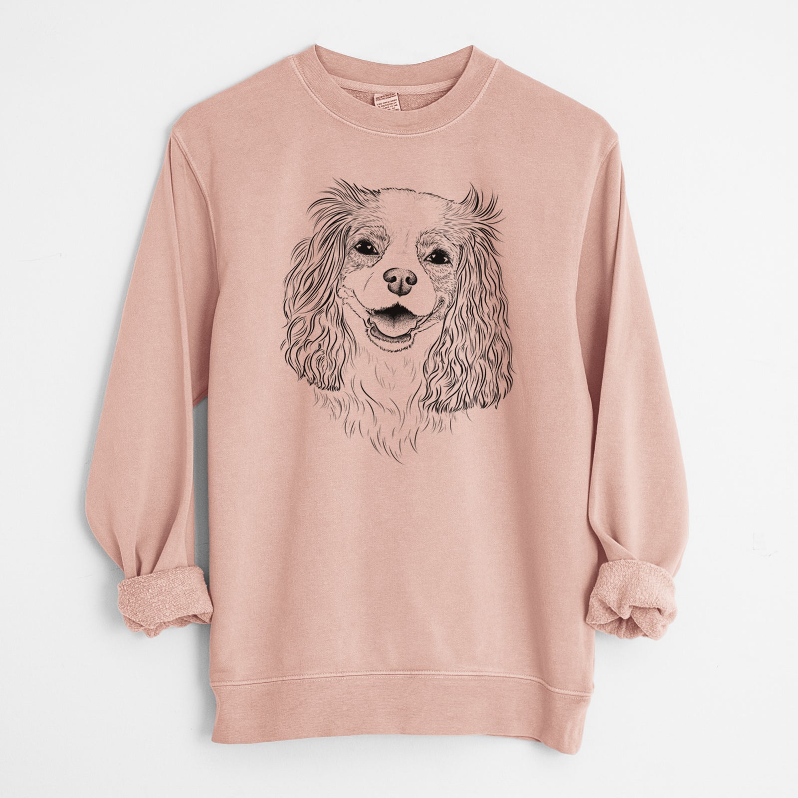 Hand-drawn sketch of Halley Comet the Cavalier King Charles Spaniel on a Dusty Pink Unisex pigment dyed crew sweatshirt