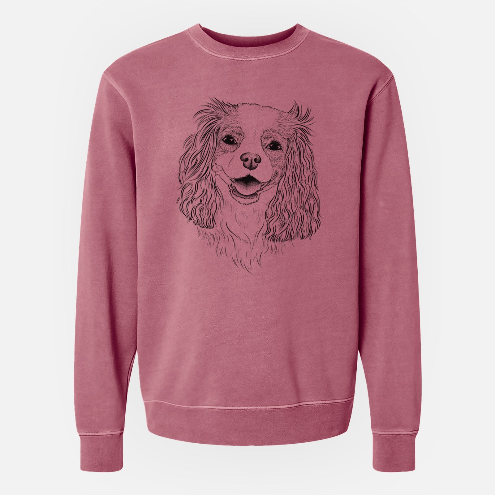 Hand-drawn sketch of Halley Comet the Cavalier King Charles Spaniel on a Maroon Unisex pigment dyed crew sweatshirt