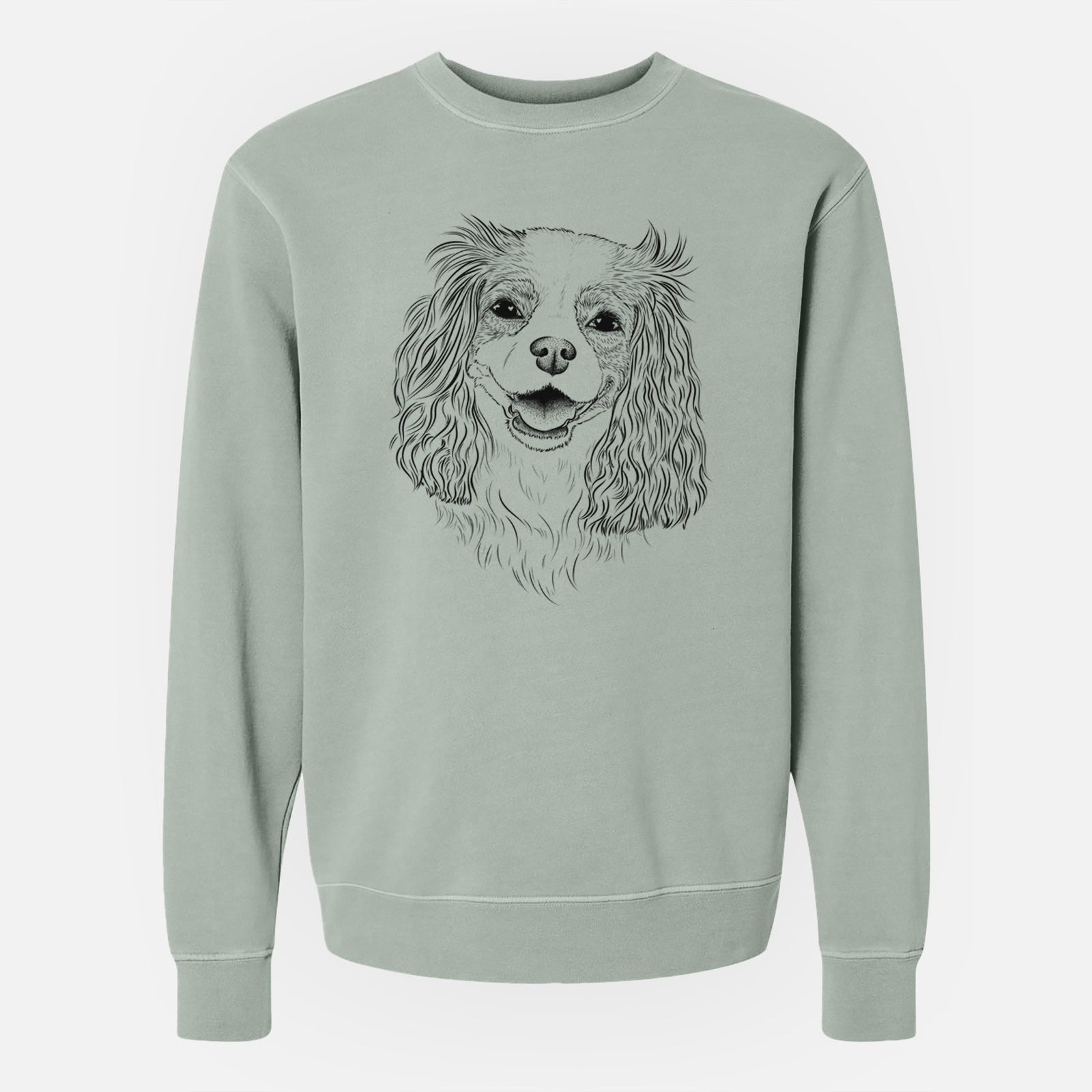 Hand-drawn sketch of Halley Comet the Cavalier King Charles Spaniel on a Sage Unisex pigment dyed crew sweatshirt