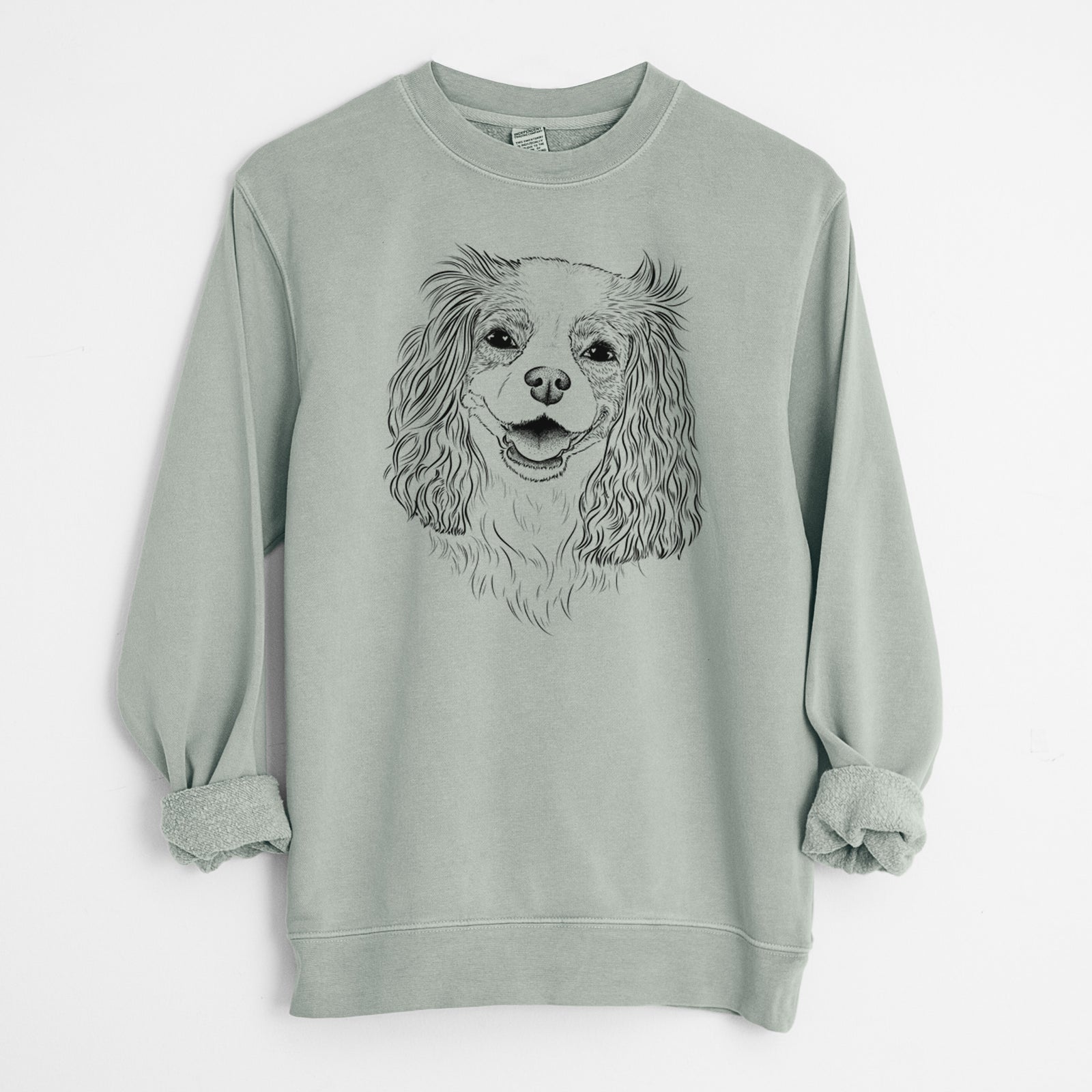 Hand-drawn sketch of Halley Comet the Cavalier King Charles Spaniel on a Sage Unisex pigment dyed crew sweatshirt