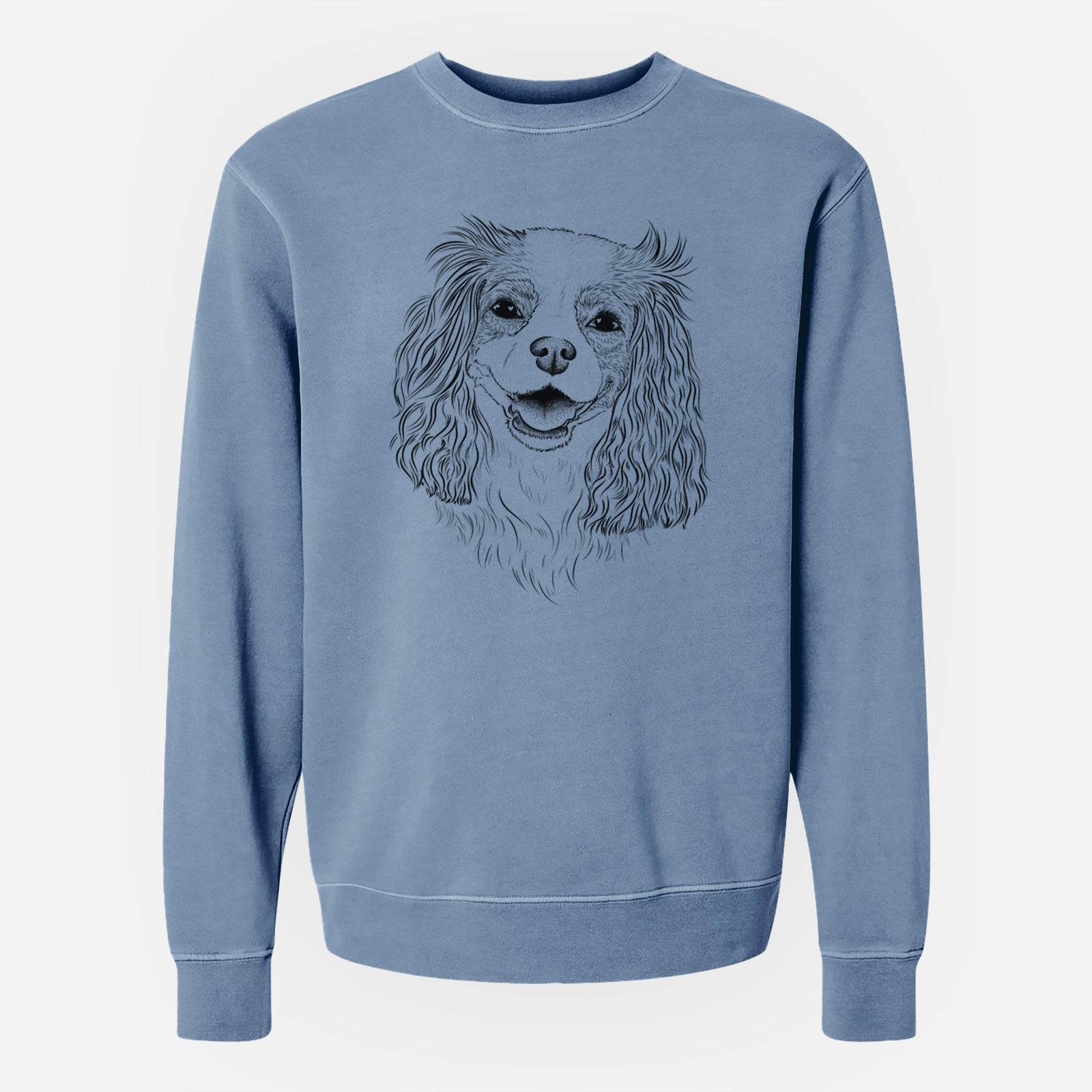 Hand-drawn sketch of Halley Comet the Cavalier King Charles Spaniel on a Slate Blue Unisex pigment dyed crew sweatshirt