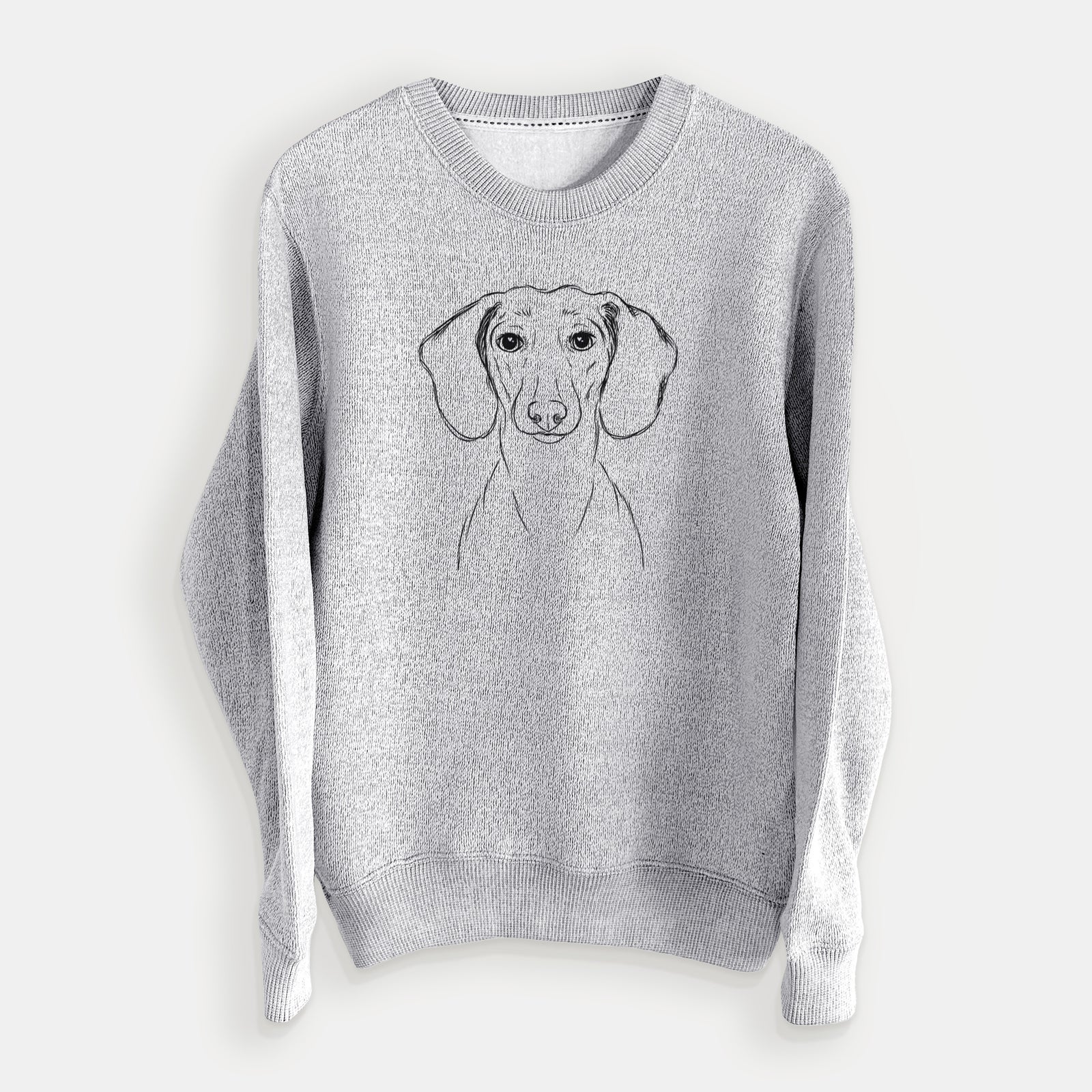 Hand-drawn sketch of Hans the Dachshund on a Salt Pepper knit sweatshirt