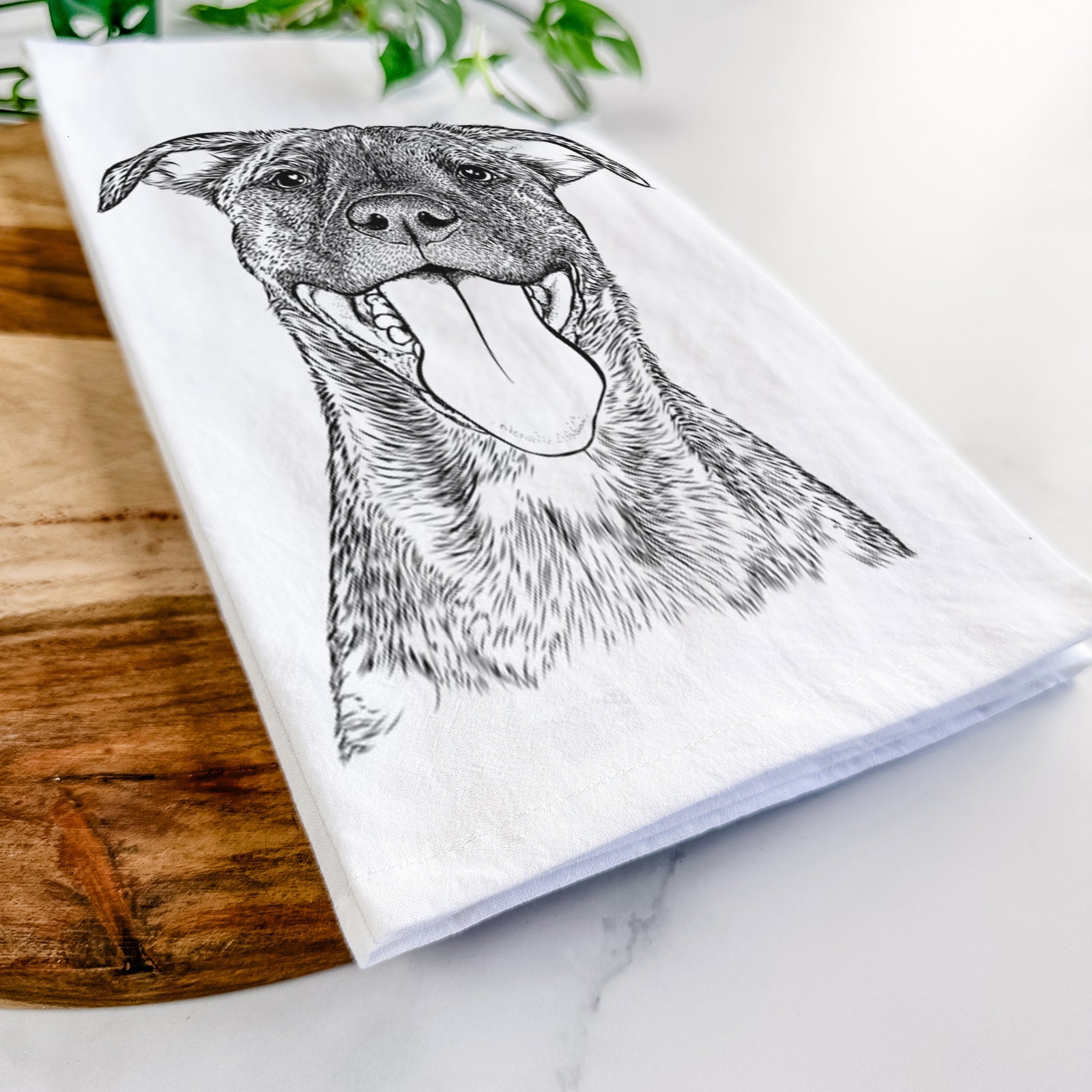 Hand-drawn sketch of Harley the Pitbull Mix on a tea towel