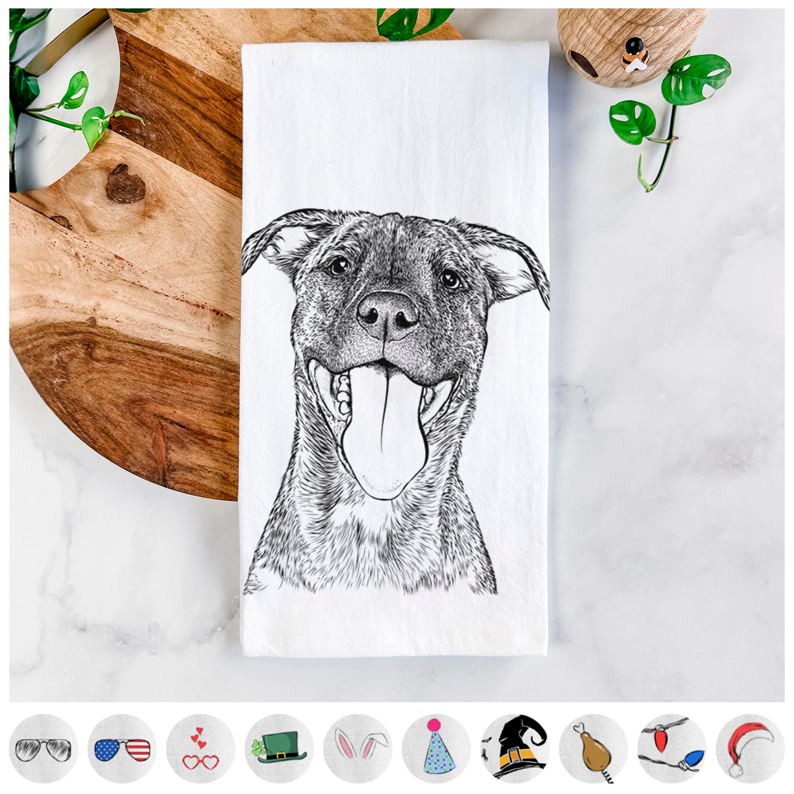 Hand-drawn sketch of Harley the Pitbull Mix on a tea towel, shown with icons of the other available costume styles