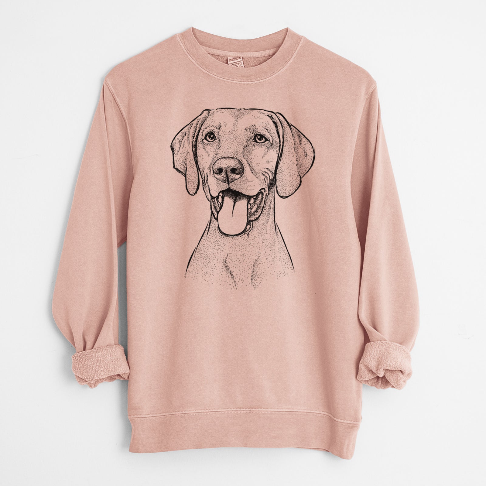 Hand-drawn sketch of Harper the Vizsla on a Dusty Pink Unisex pigment dyed crew sweatshirt