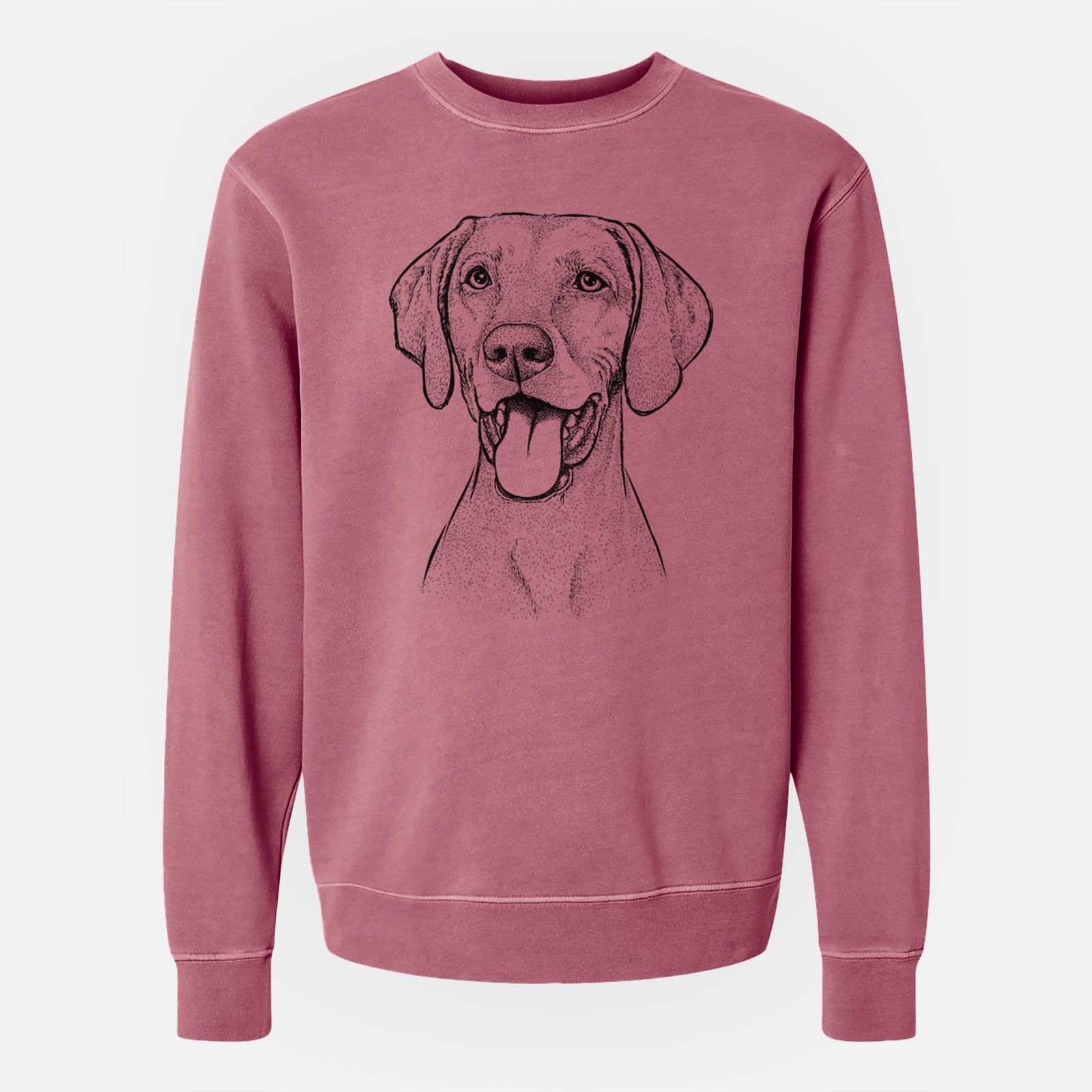 Hand-drawn sketch of Harper the Vizsla on a Maroon Unisex pigment dyed crew sweatshirt