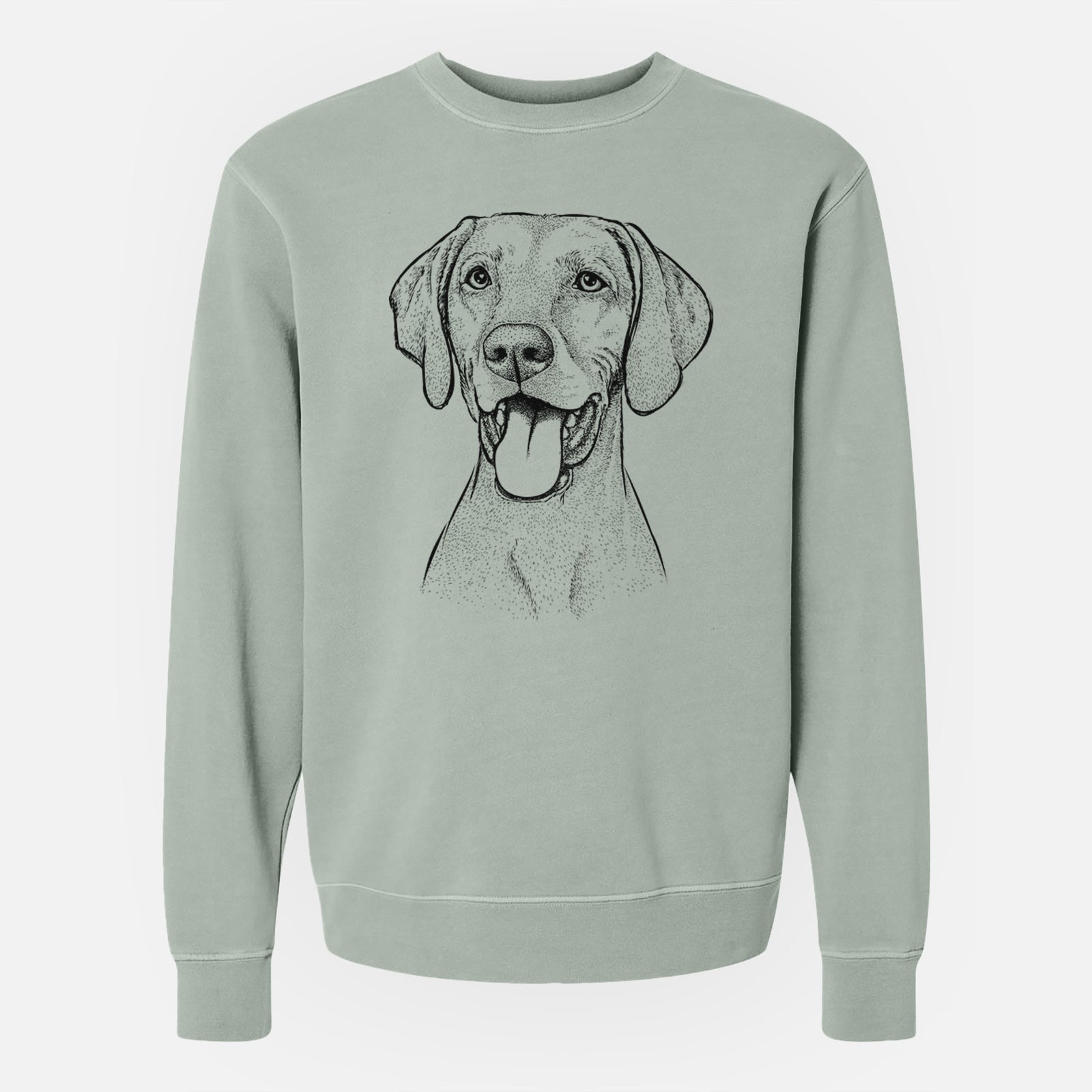 Hand-drawn sketch of Harper the Vizsla on a Sage Unisex pigment dyed crew sweatshirt