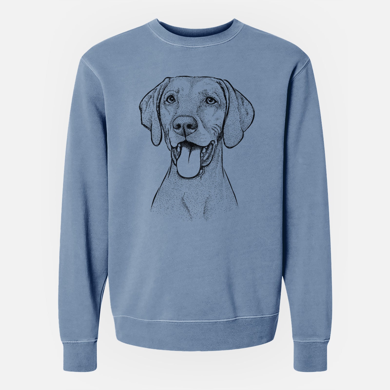 Hand-drawn sketch of Harper the Vizsla on a Slate Blue Unisex pigment dyed crew sweatshirt