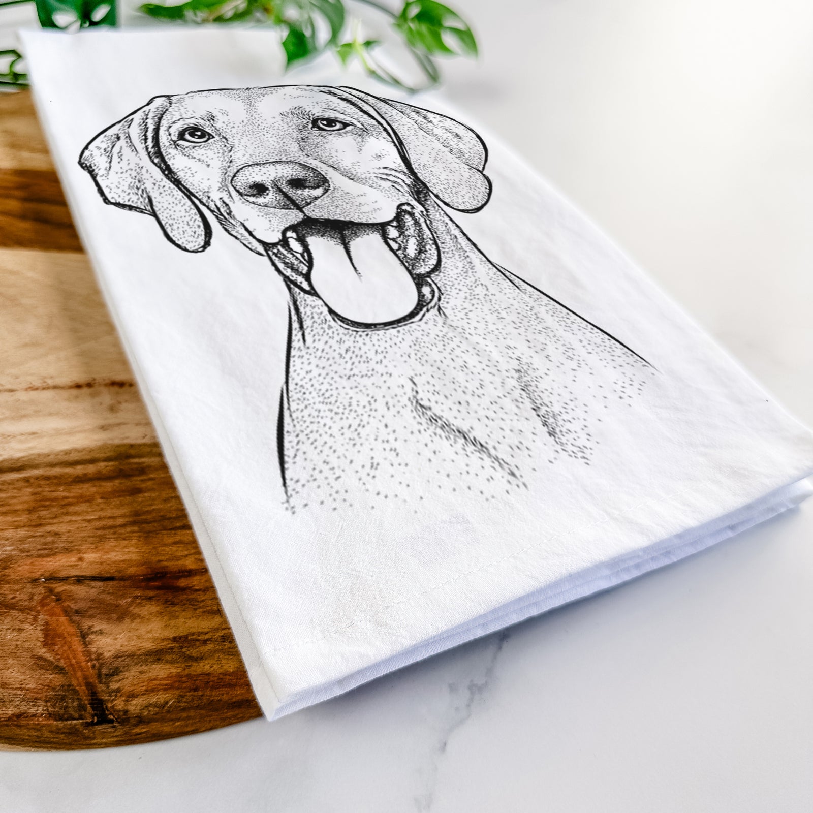 Hand-drawn sketch of Harper the Vizsla on a tea towel