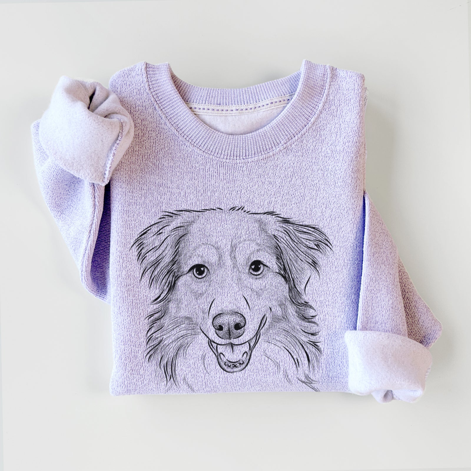 Hand-drawn sketch of Hattie the Australian Shepherd on an Ice Purple knit sweatshirt
