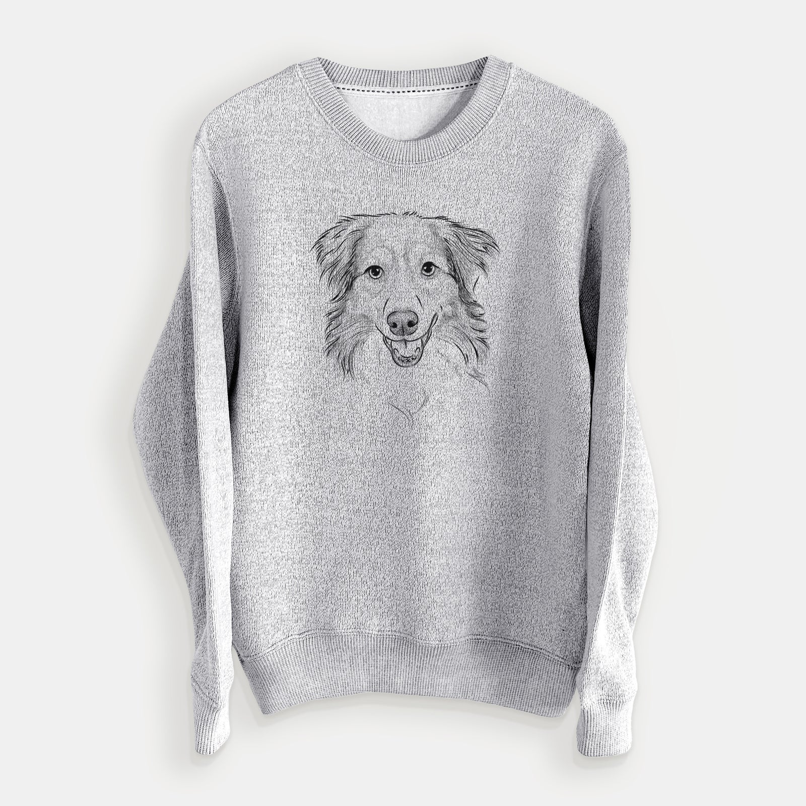 Hand-drawn sketch of Hattie the Australian Shepherd on a Salt Pepper knit sweatshirt