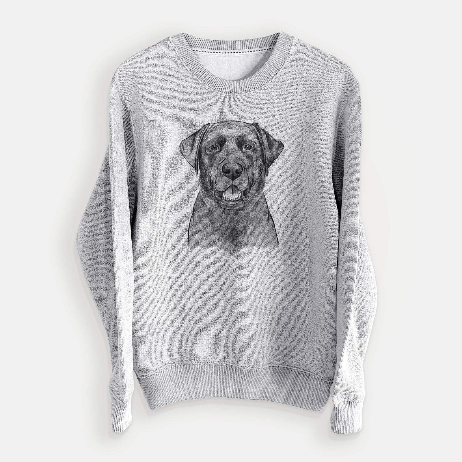 Hand-drawn sketch of Heath the Black Lab on a Salt Pepper knit sweatshirt
