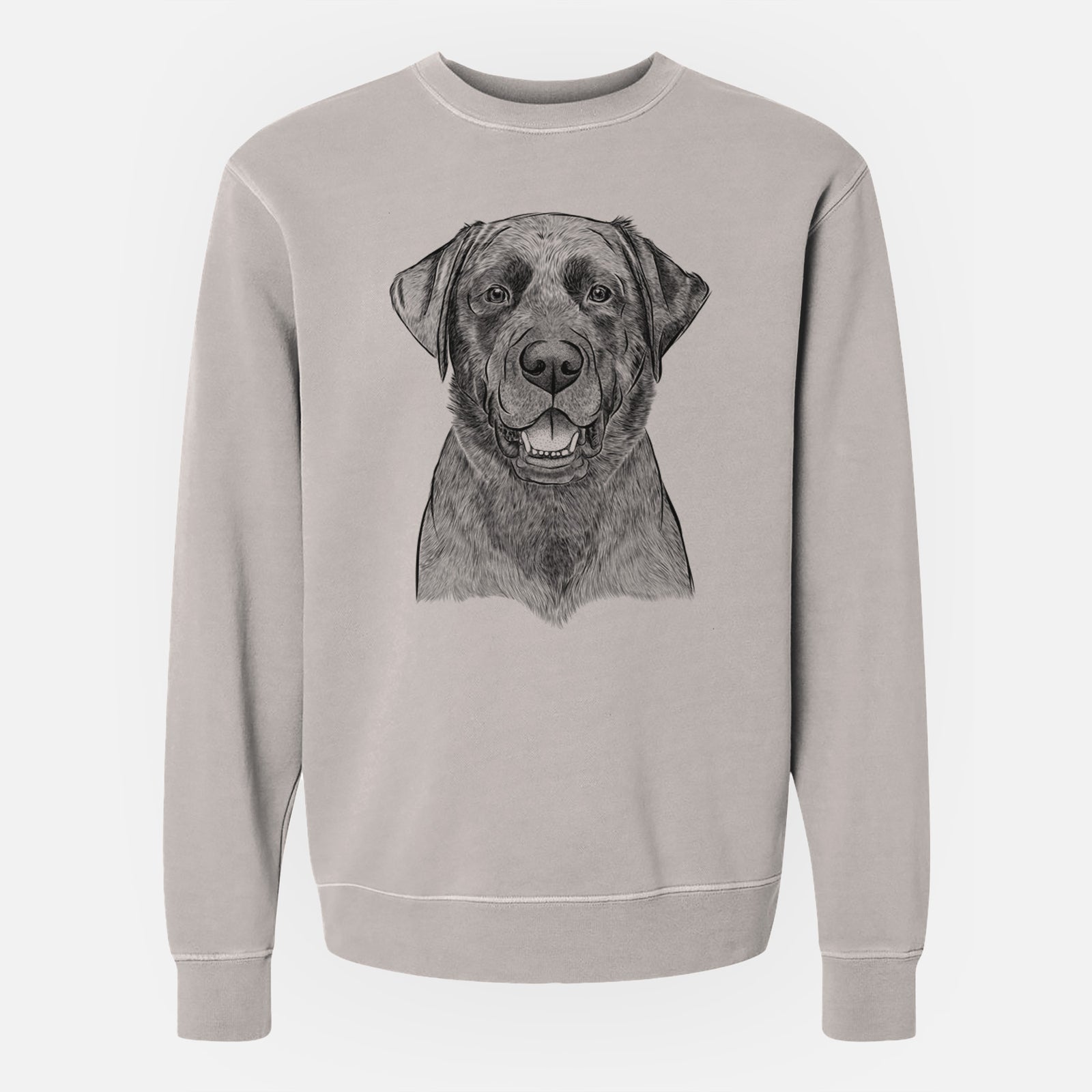 Hand-drawn sketch of Heath the Black Lab on a Cement Unisex pigment dyed crew sweatshirt