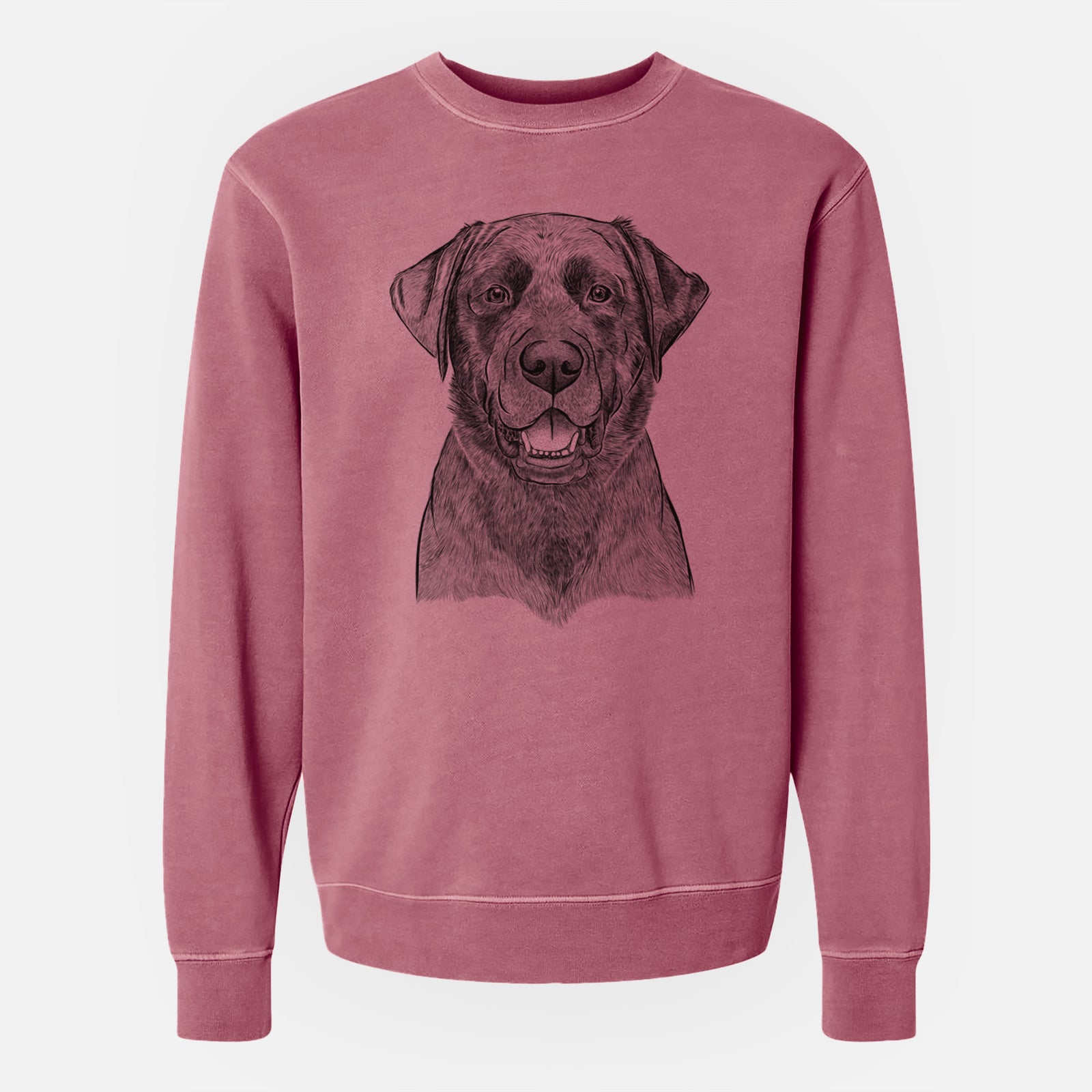 Hand-drawn sketch of Heath the Black Lab on a Maroon Unisex pigment dyed crew sweatshirt