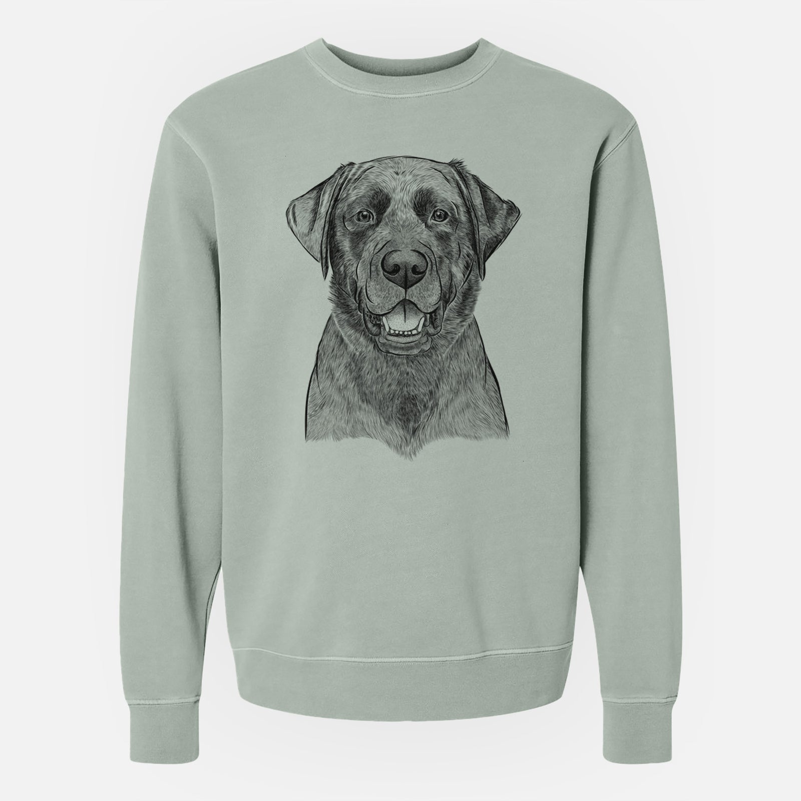 Hand-drawn sketch of Heath the Black Lab on a Sage Unisex pigment dyed crew sweatshirt