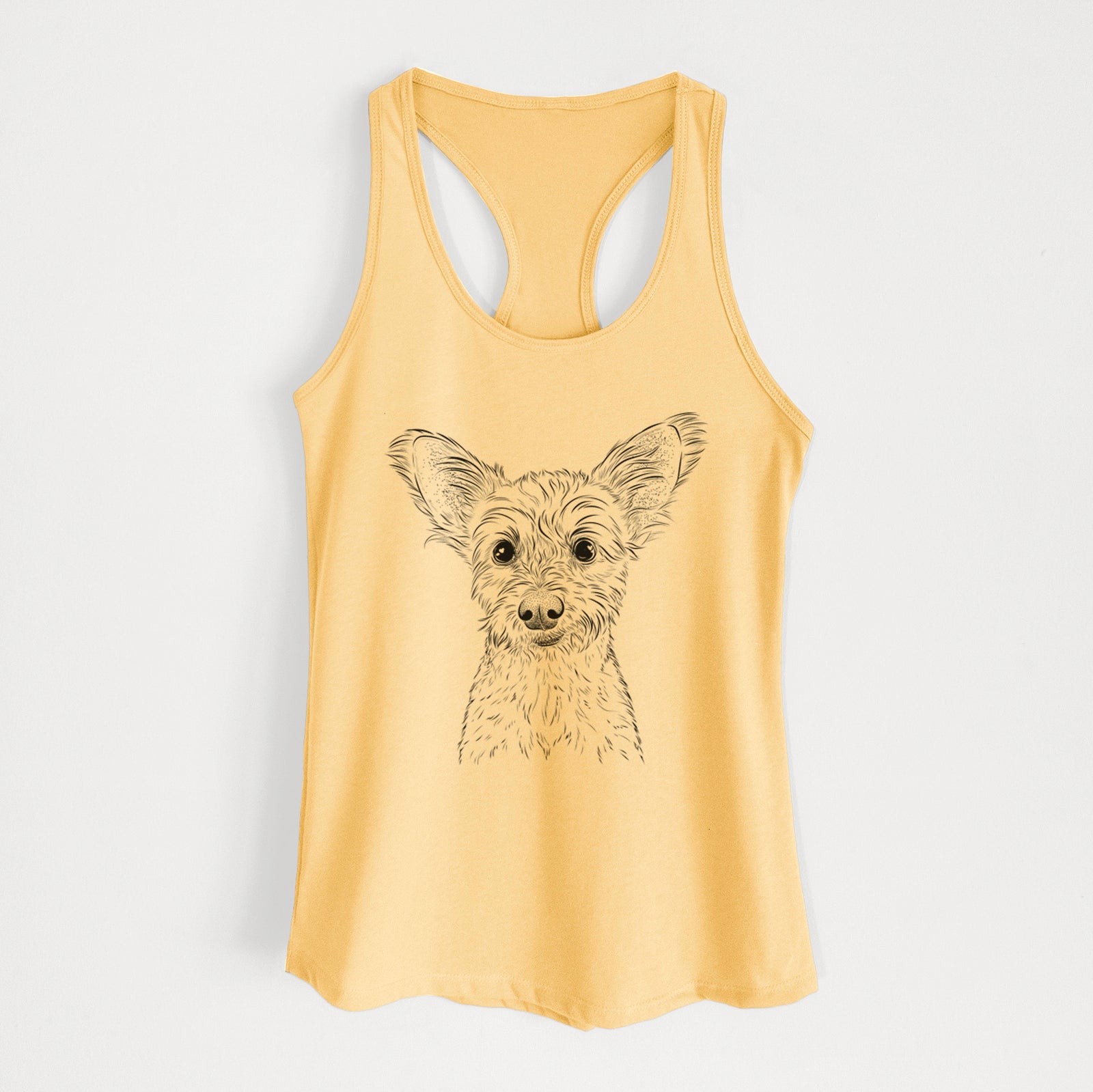 Hand-drawn sketch of Heidi the Schnauzer Mix on a Banana Cream Women's racerback tanktop