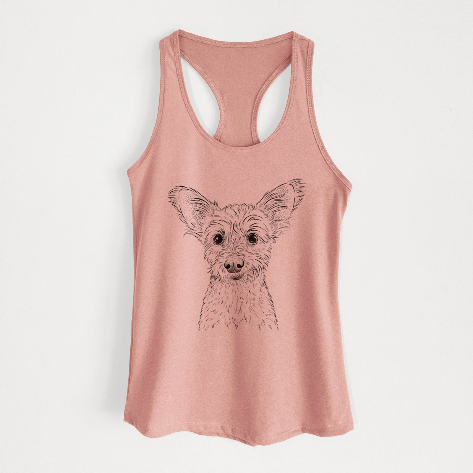 Hand-drawn sketch of Heidi the Schnauzer Mix on a Desert Pink Women's racerback tanktop