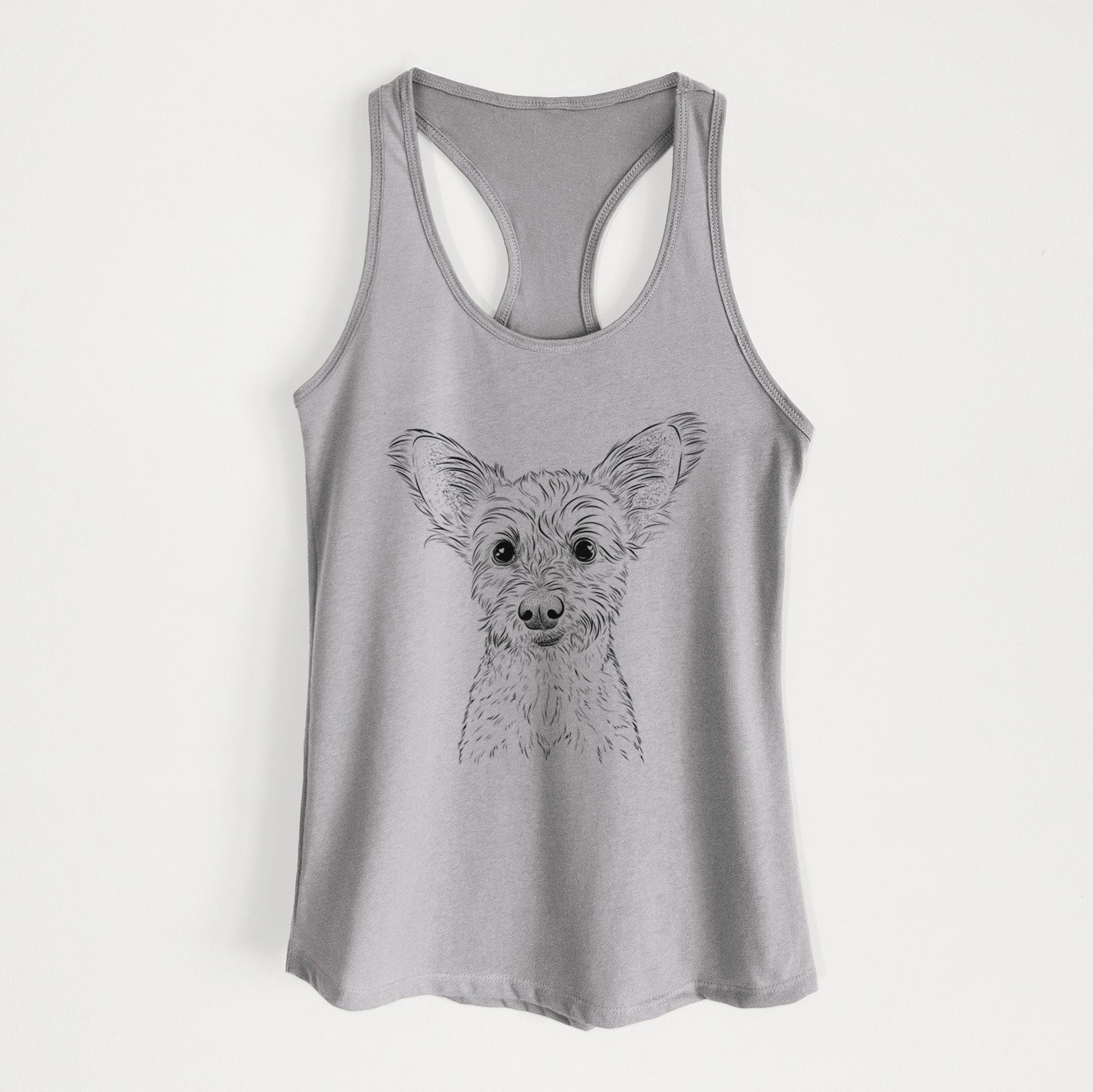 Hand-drawn sketch of Heidi the Schnauzer Mix on a Heather Grey Women's racerback tanktop