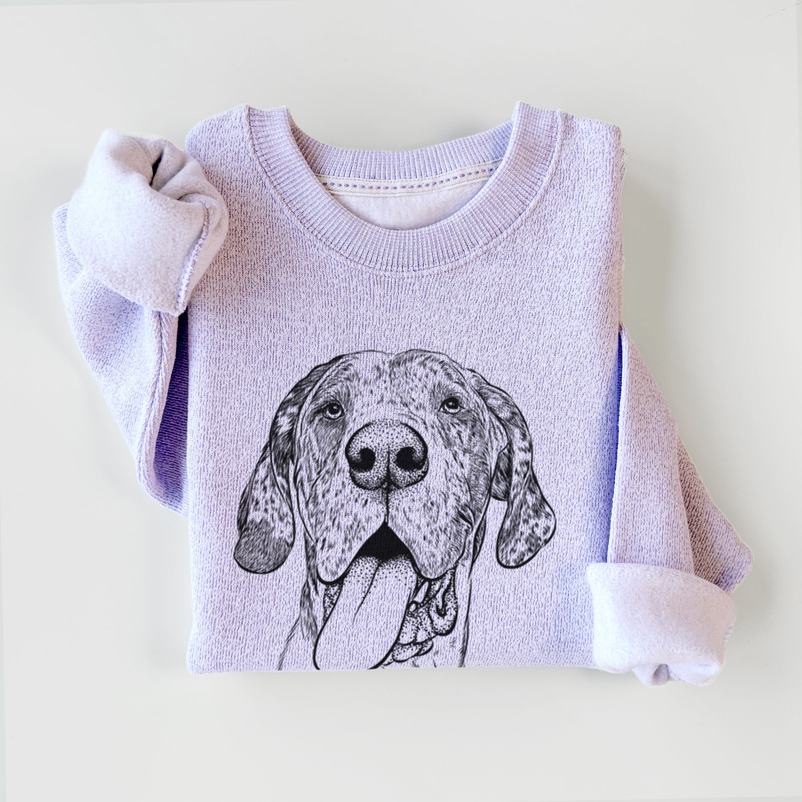 Hand-drawn sketch of Hennessey the Great Dane on an Ice Purple knit sweatshirt