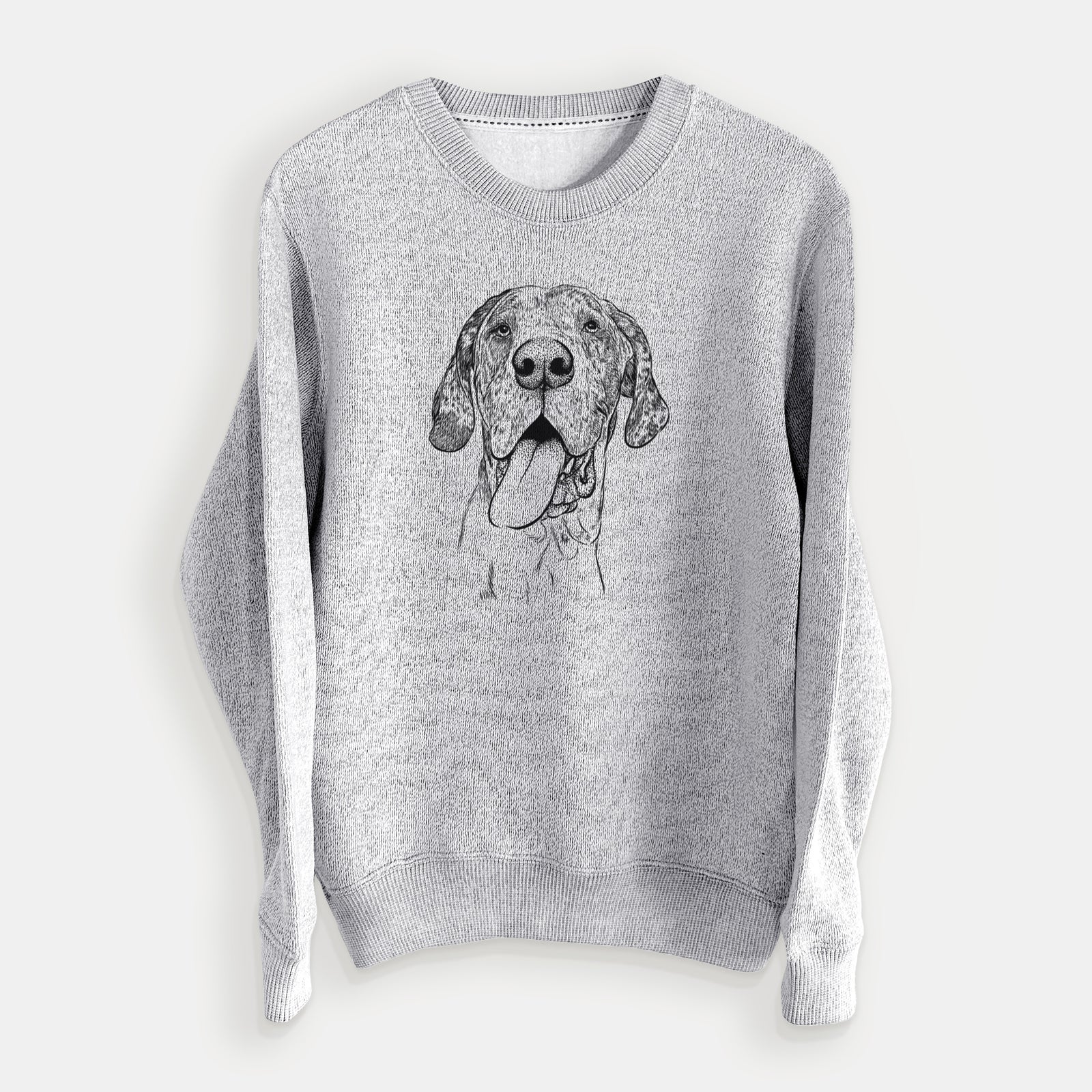 Hand-drawn sketch of Hennessey the Great Dane on a Salt Pepper knit sweatshirt