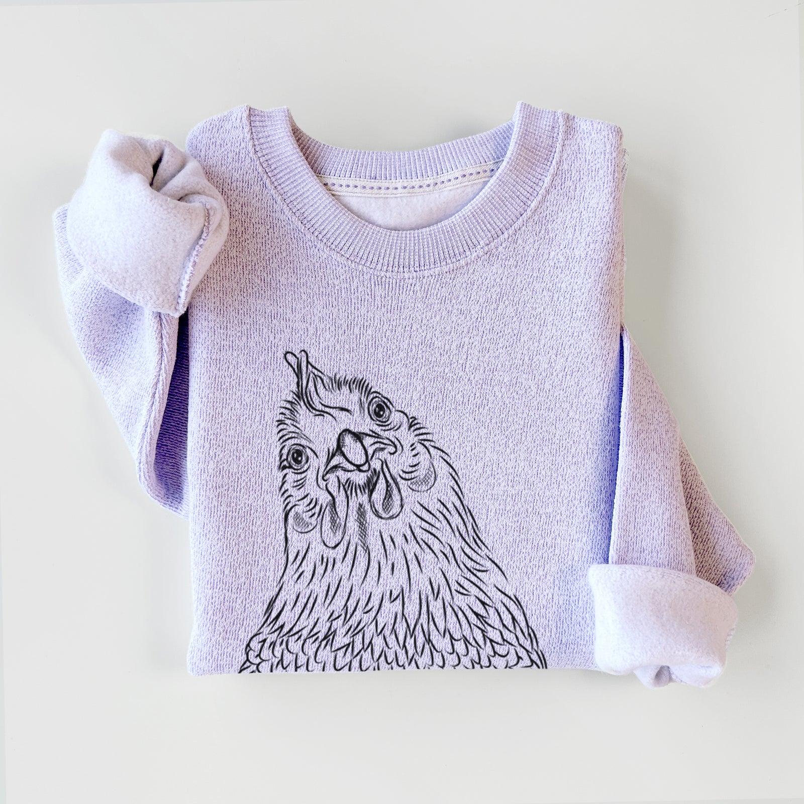 Hand-drawn sketch of Henrietta the Chicken on an Ice Purple knit sweatshirt